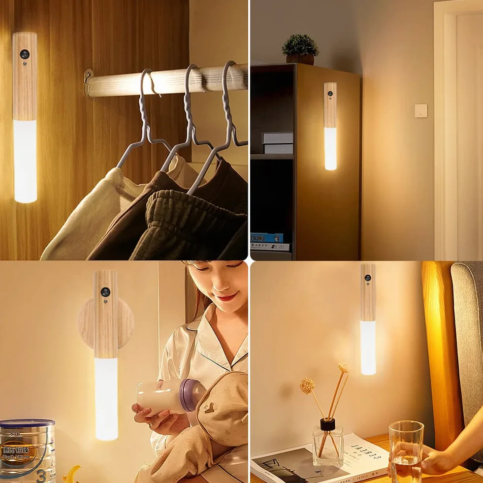Applique Murale en Bois avec Détecteur de Mouvement, Veilleuse Rechargeable Sans Fil Magnétique pour Chambre, Couloir