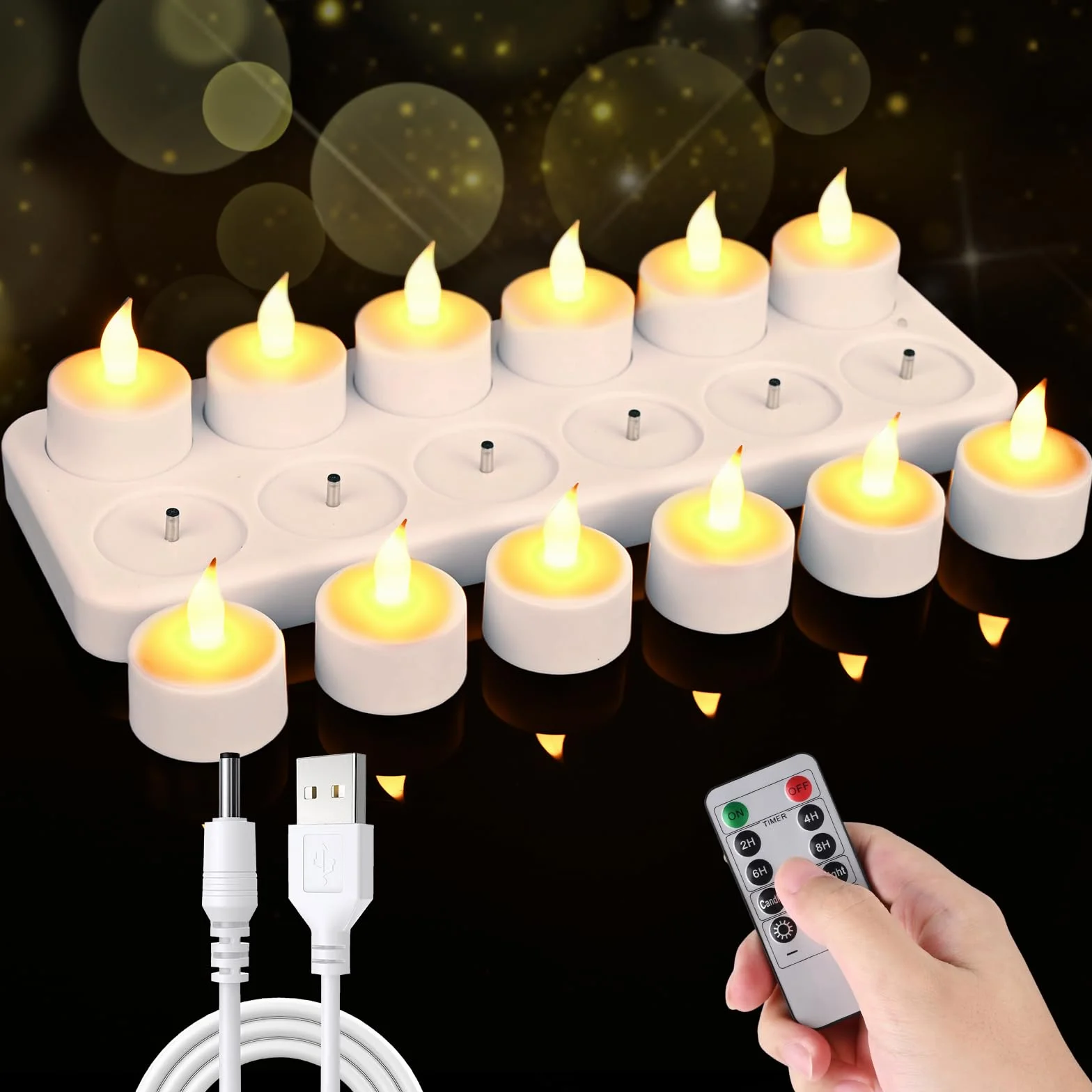 Bougie LED Rechargeable avec Télécommande, Lot de 12, Flamme Vacillante, Minuteur, pour Mariage Halloween
