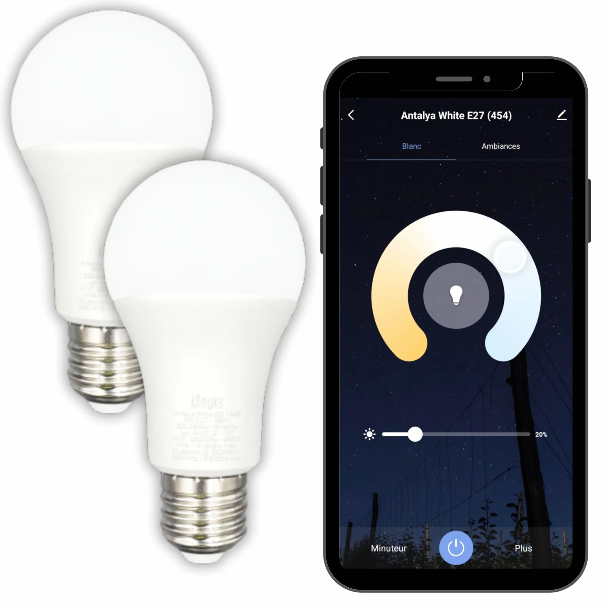 Konyks Ampoule connectée Antalya White E27 LED WiFi BT 780 Lumens 9 W Blanc réglable compatible Alexa Google Home Pack de 2