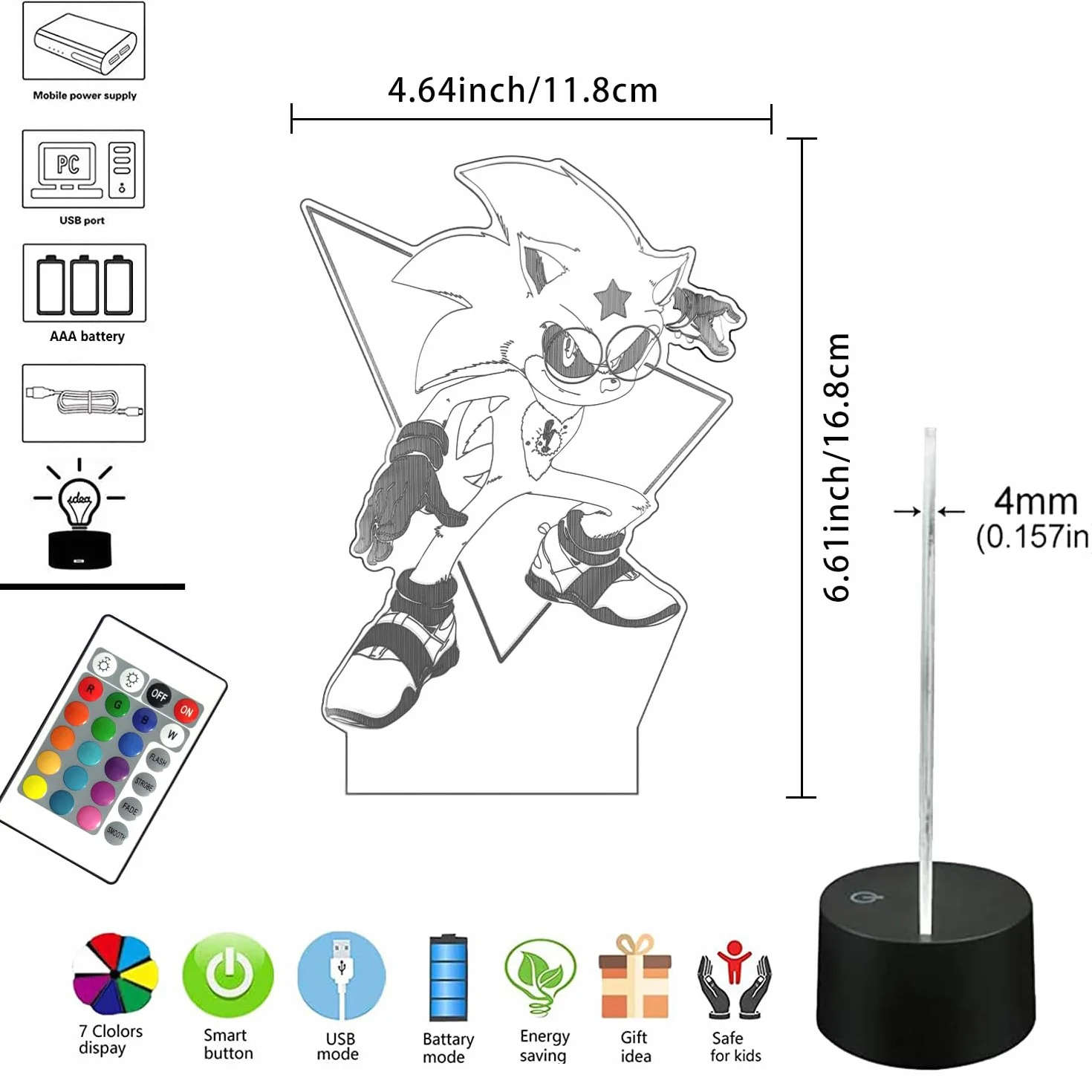 Sonic Hedgehog Lampe 3D Illusion Veilleuse 16 Couleurs Décoration Chambre Figurine Anime Cadeaux Enfants