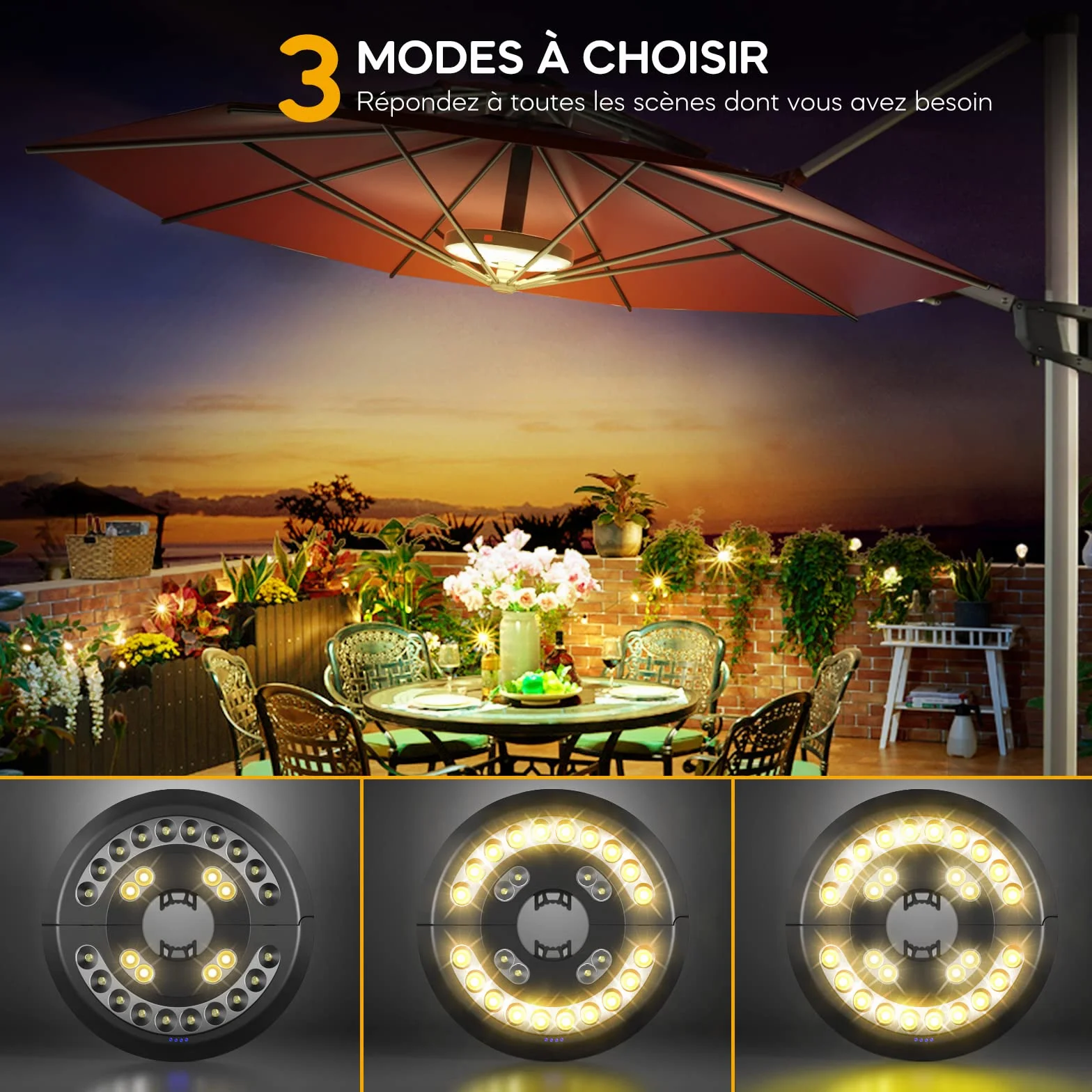 Lampe Parasol Rechargeable 28 LED 3 Modes Haute Luminosité Éclairage Extérieur Jaune