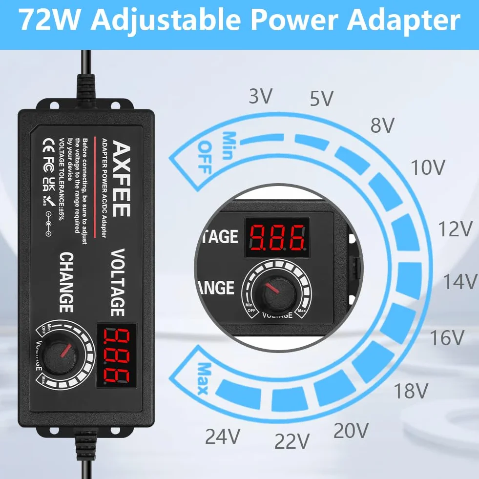 AXFEE Alimentation réglable 72W 24V 3A Adaptateur universel 11 DC pointes 100-240V AC à DC 3-24V