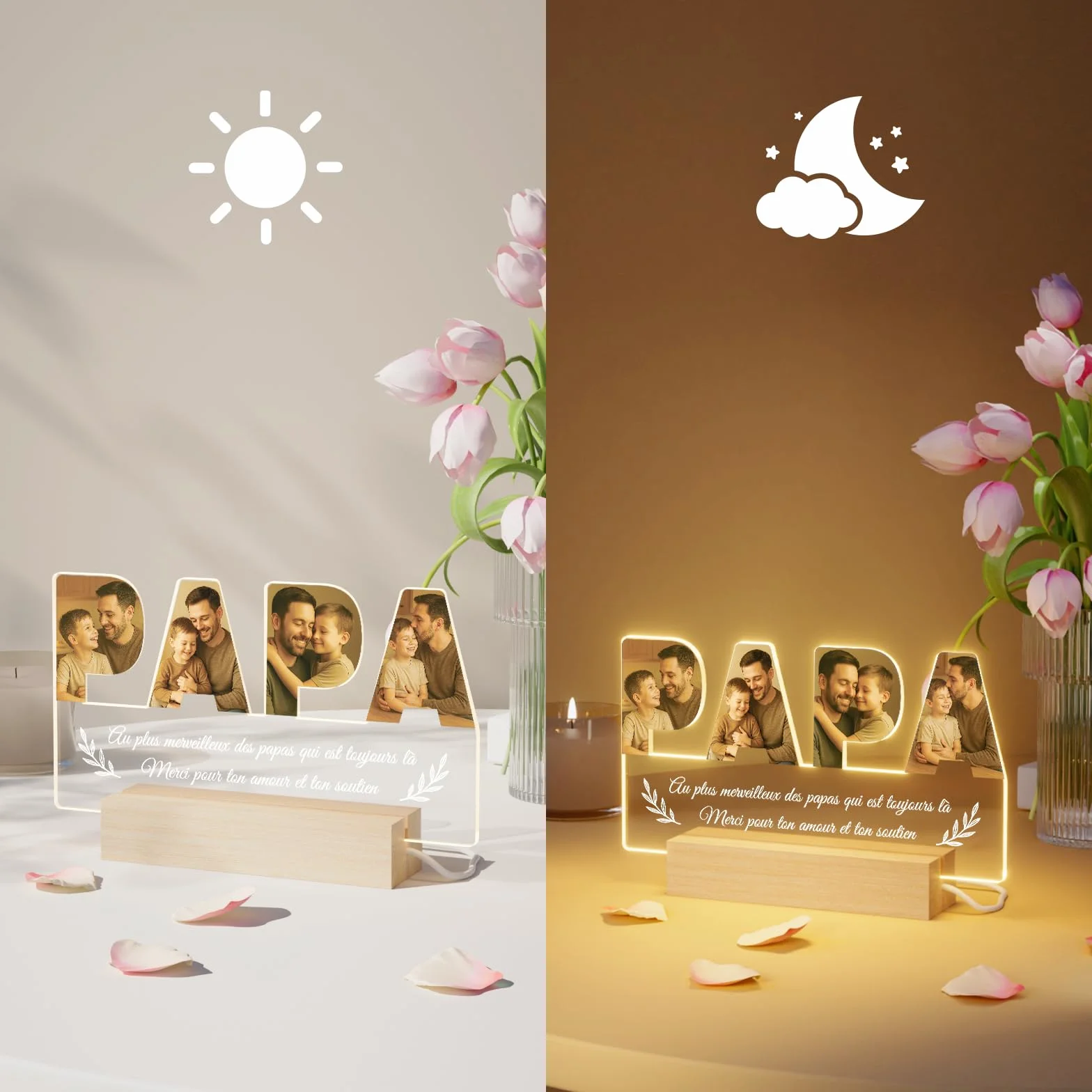 Veilleuse Photo Personnalisée Papa Cadeau Fête des Pères Lampe LED Gravée Photo