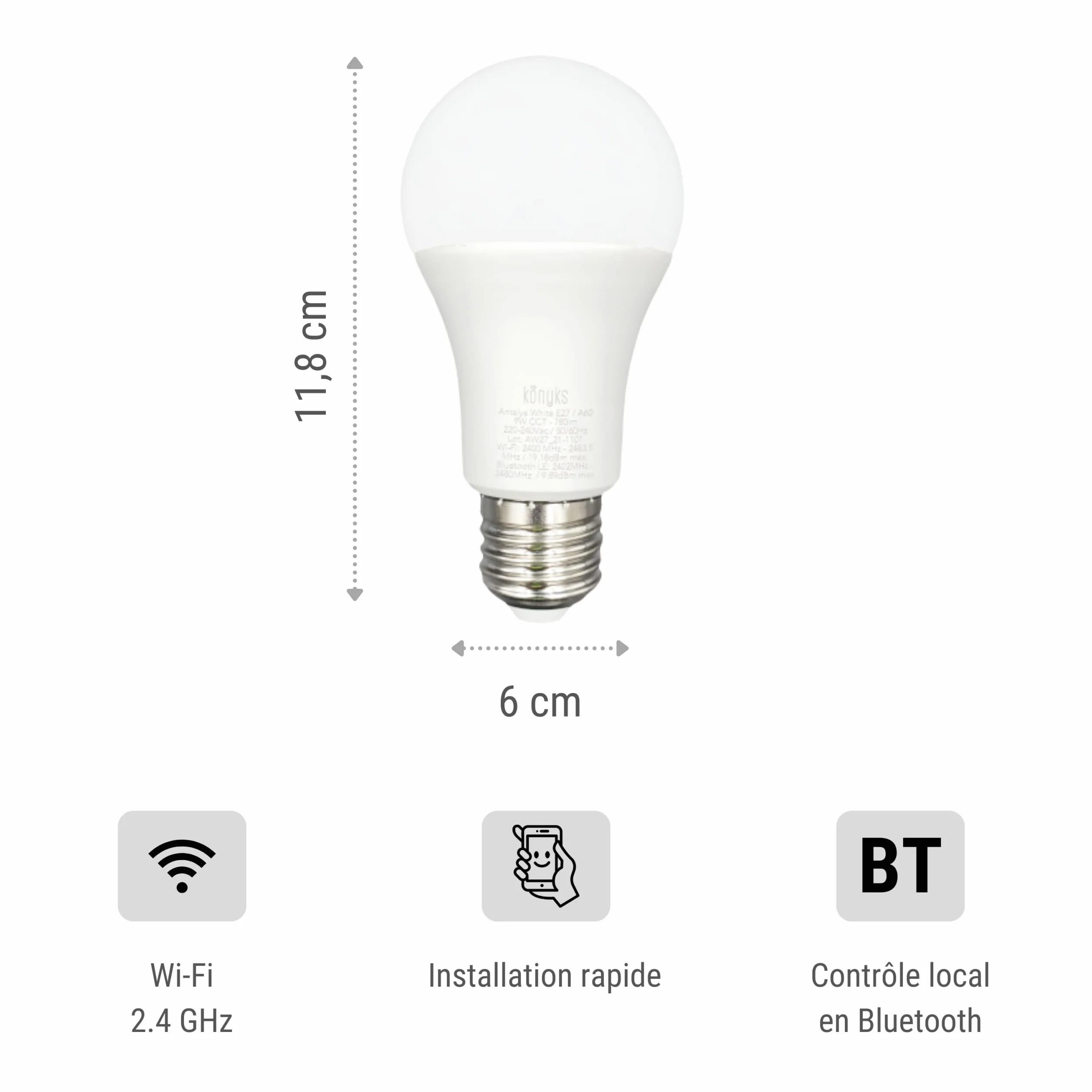 Konyks Ampoule connectée Antalya White E27 LED WiFi BT 780 Lumens 9 W Blanc réglable compatible Alexa Google Home Pack de 2