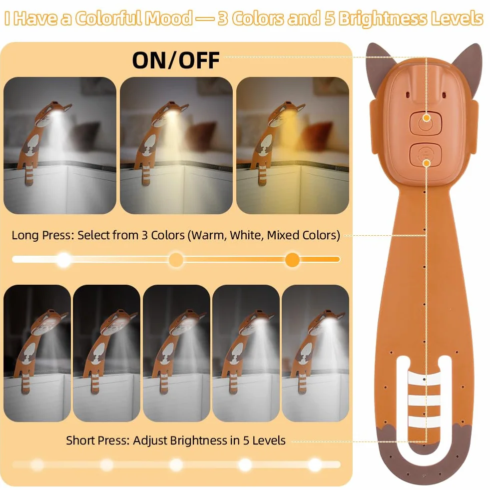 OSDUE Lampe de Lecture Livre 2 en 1, Mini Lampe LED avec Marque-Page, 3 Modes 5 Niveaux de Luminosité