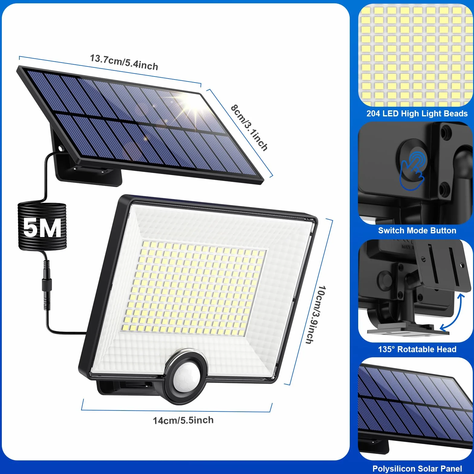 Lampe Solaire Extérieure avec Détecteur de Mouvement 204LED 2000LM IP65 Étanche, Spot LED avec Câble 16,4ft pour Jardin Garage