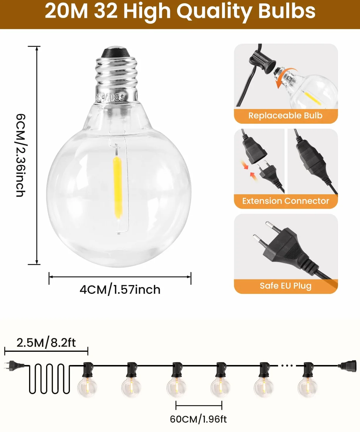 Rintea Guirlande Lumineuse Exterieure 20M/30M 30+2 Ampoules G40 Incassable Plug&Play Étanche LED Connectable Blanc Chaud
