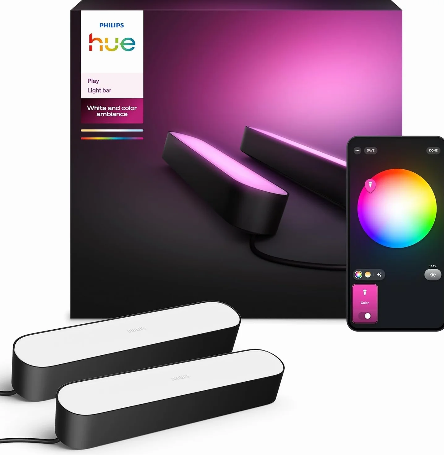 Philips Hue Play White and Color Ambiance Barre lumineuse LED connectée, Pack de 2, Noir