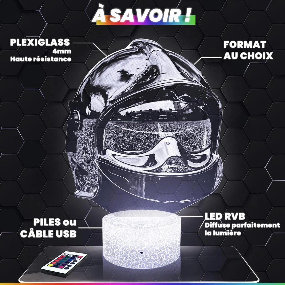 Lampe 3D Casque Pompier Décoration Soldat Du Feu 18, Veilleuse LED Adulte Déco Chambre, Idée Cadeau Original