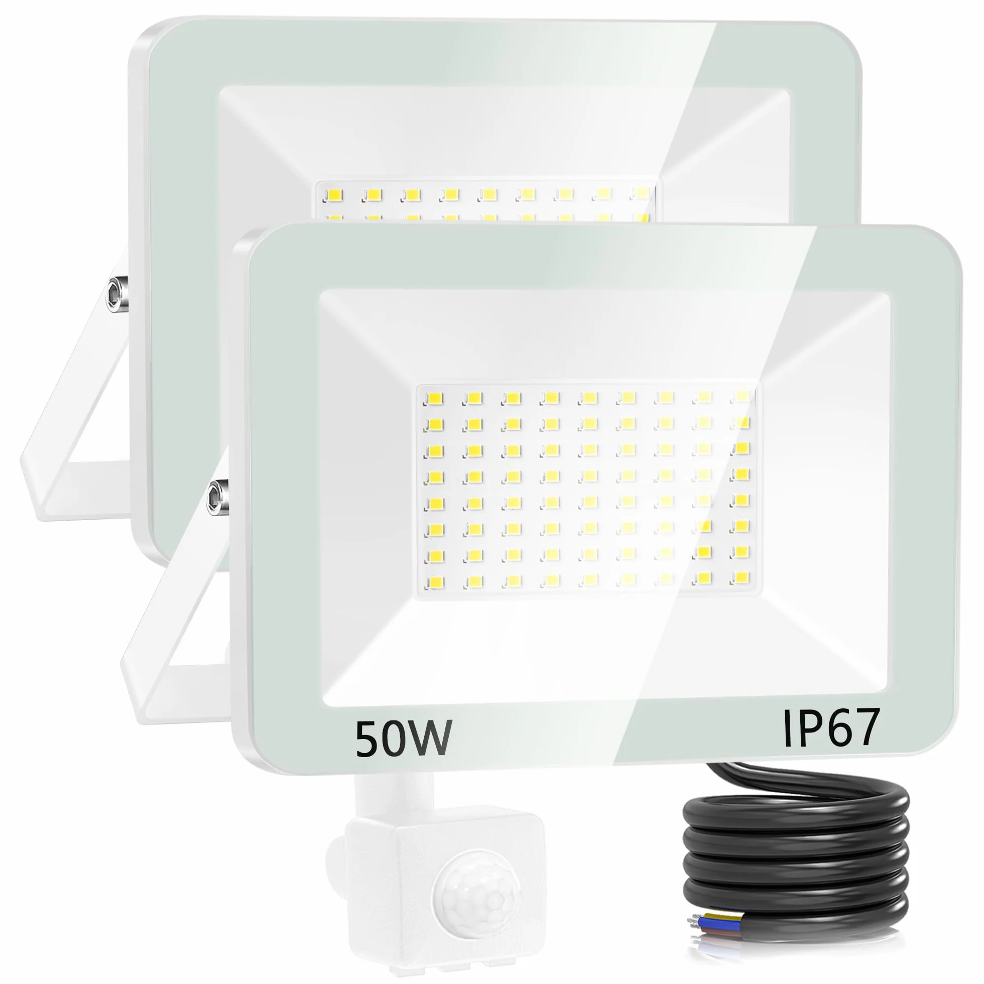 Projecteur LED Extérieur 50W Détecteur de Mouvement IP67 5000LM Blanc Froid 2 Pièces