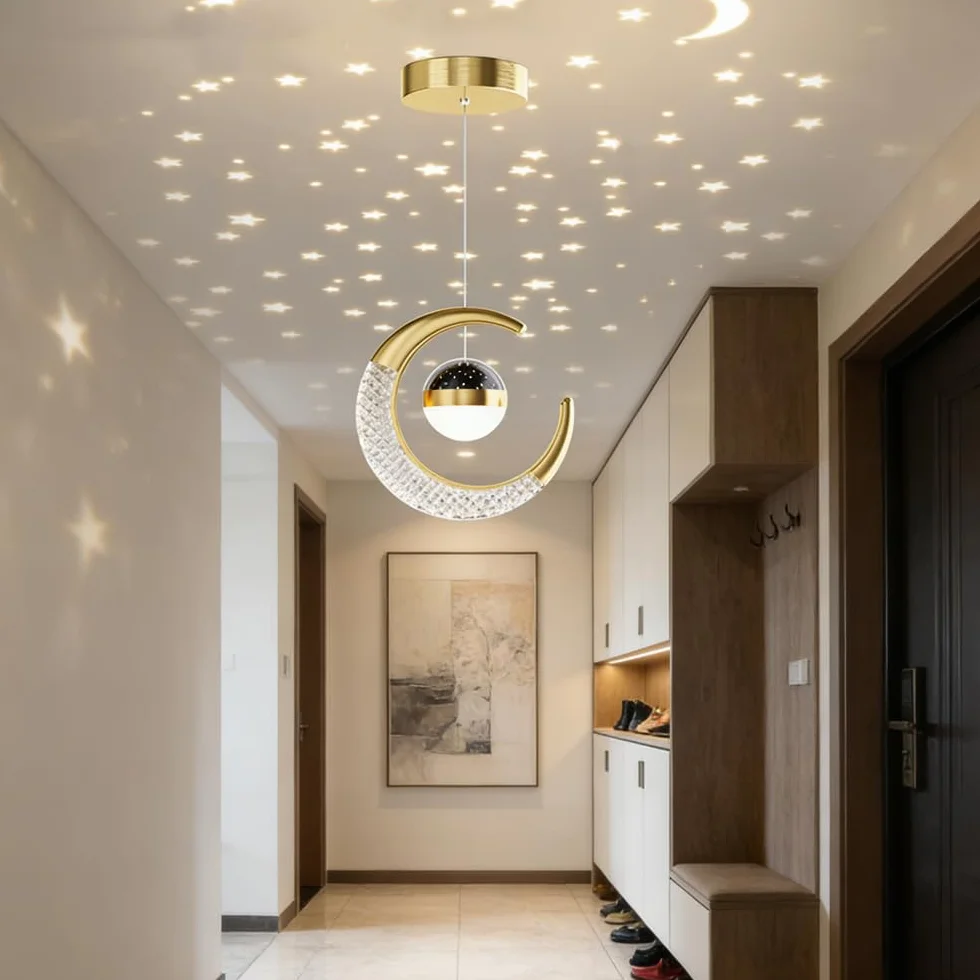 Suspension Luminaire Lune LED 10W Lustre Plafonnier Projection Étoiles Chambre Enfant Café Bar Restaurant Lumière Chaude Dorée