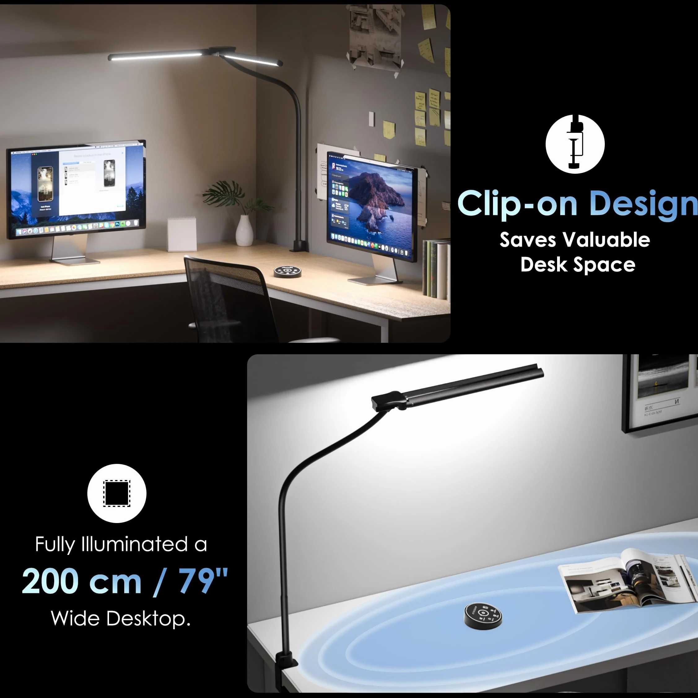EYOCEAN Lampe de bureau 24 W 80 cm double tête pince télécommande intensité variable col de cygne protection des yeux Noir