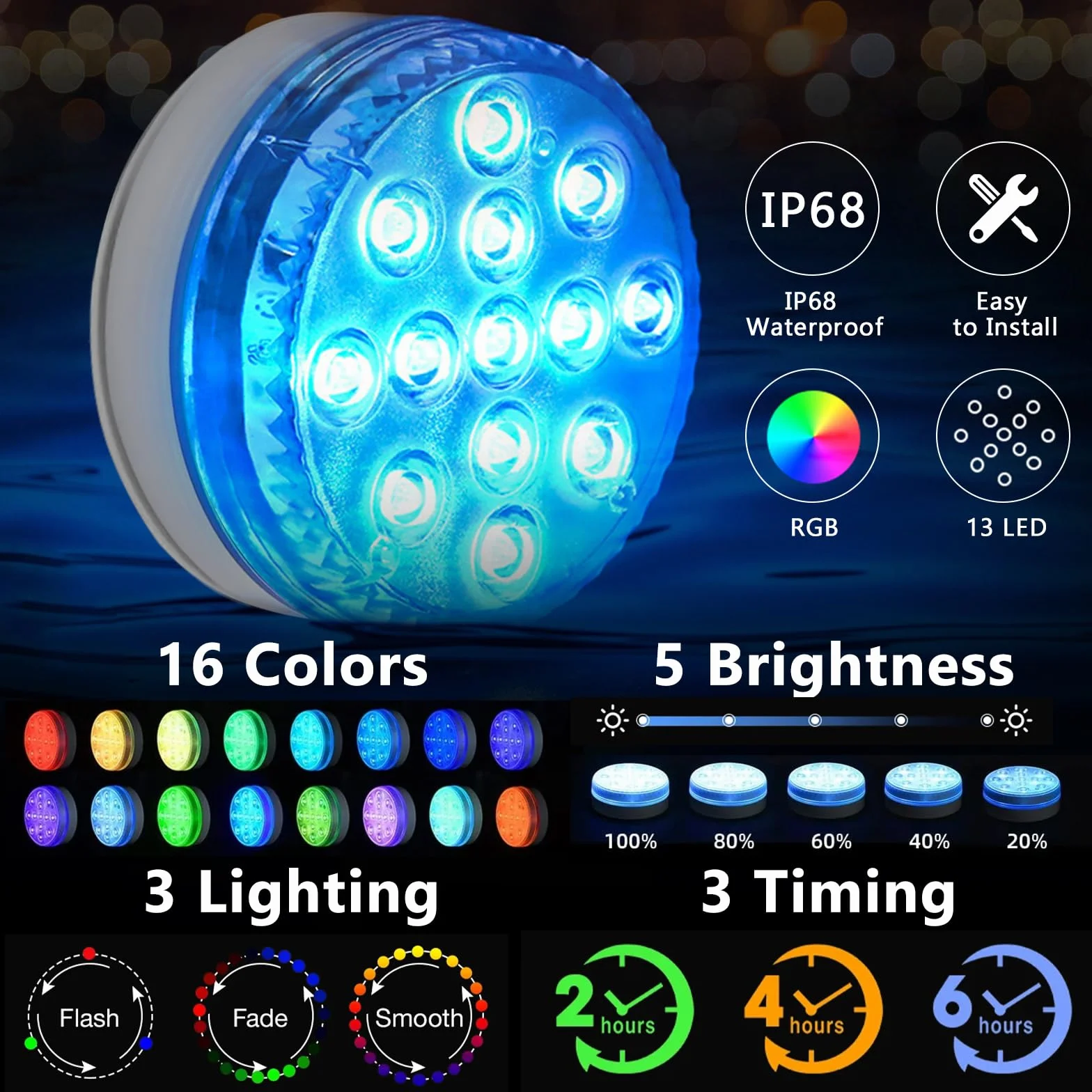 Lumiere Piscine LED 16 RGB IP68 Etanche avec Télécommande