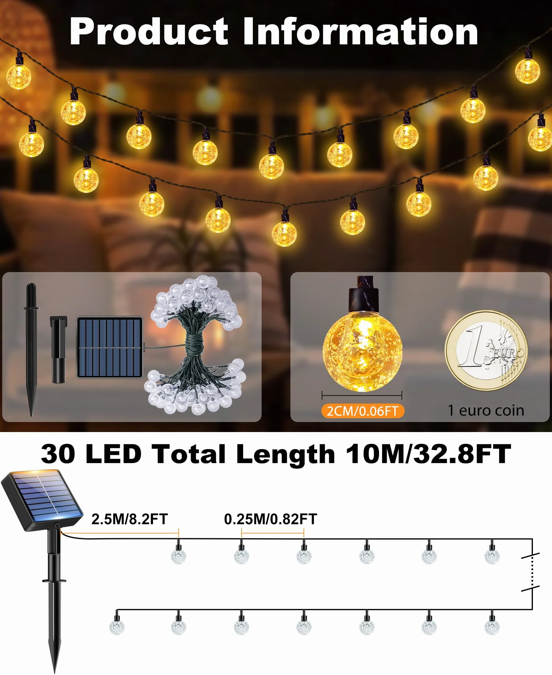 Guirlande Solaire Exterieur LED 10M IP65 Étanche 8 Modes Blanc Chaud