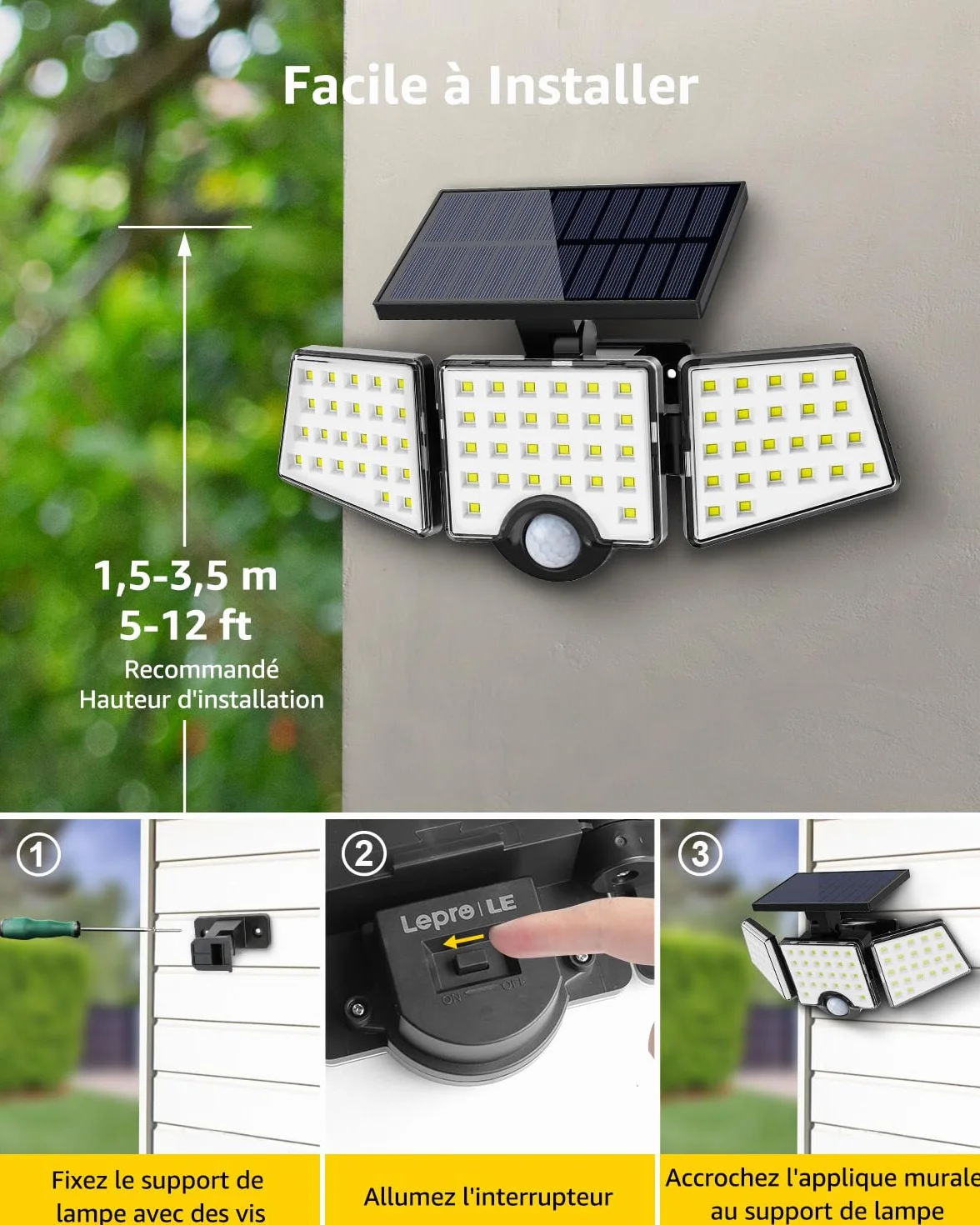 Lepro Lampe de Sécurité Solaire Extérieure 1200LM, Projecteur avec Détecteur de Mouvement PIR, 3 Têtes, IP65 Étanche
