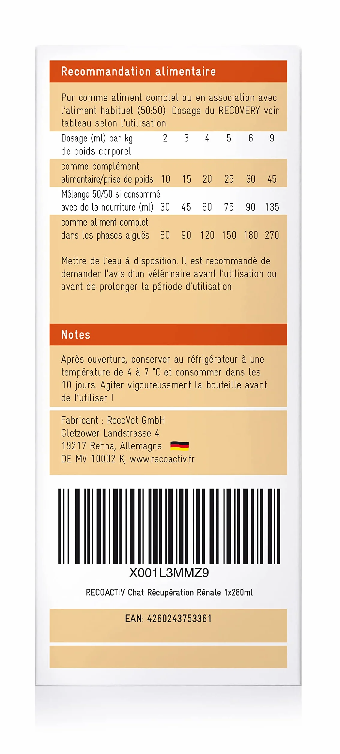 RECOACTIV Recovery Rénale pour Chats, 1 x 280 ML, Alimentation diététique complète