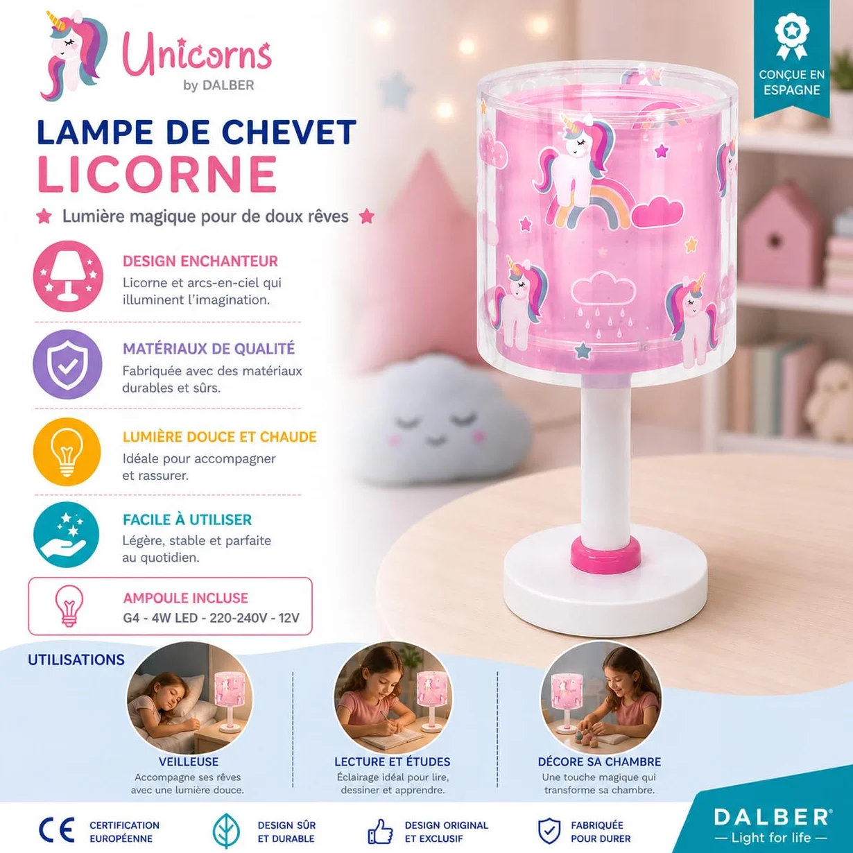 Dalber Lampe de chevet enfant Unicorns Licornes G4 LED 4 W Rose