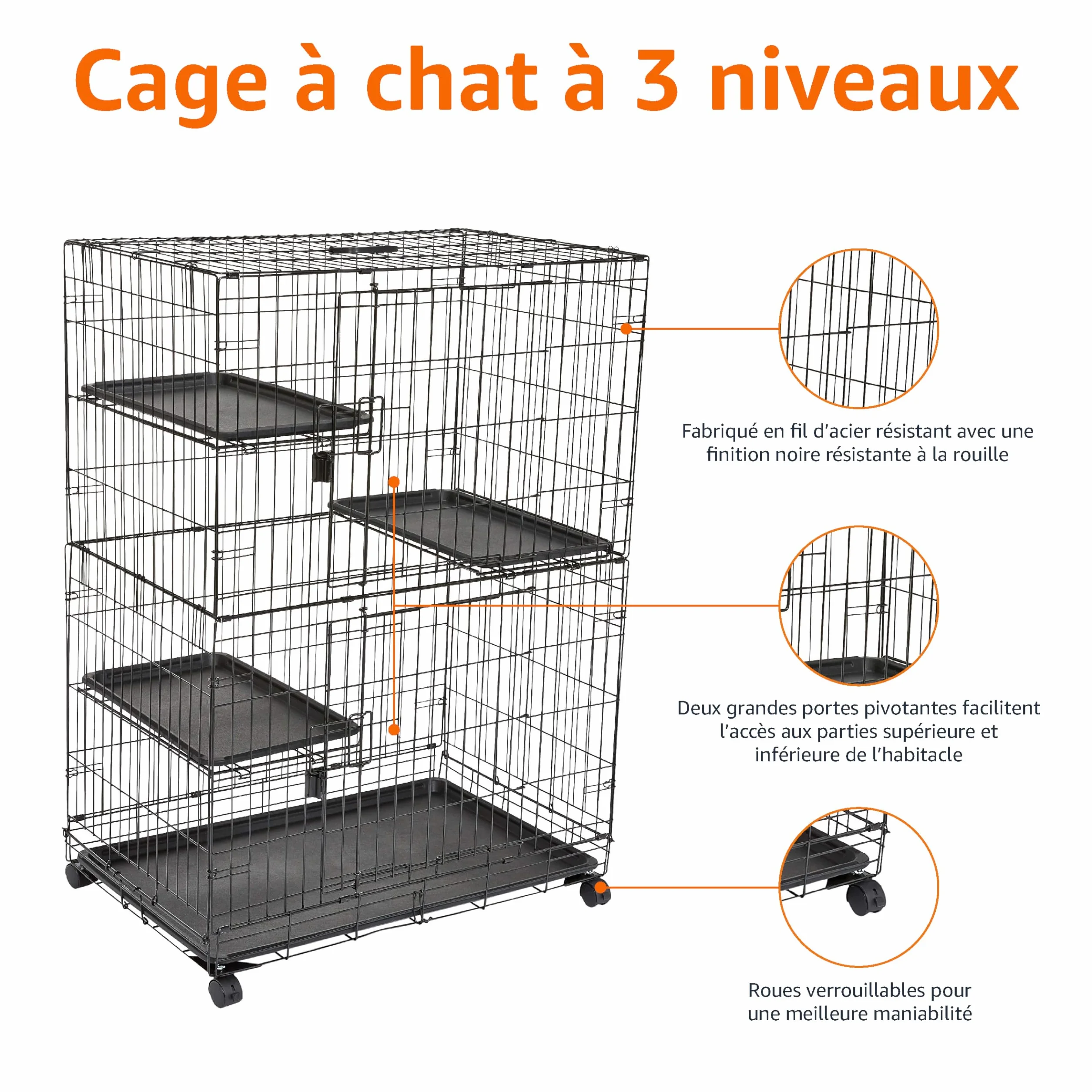 Amazon Basics Durable Cage de jeu pour chat 3 niveaux Grand modèle Noir 91 x 57 x 129 cm
