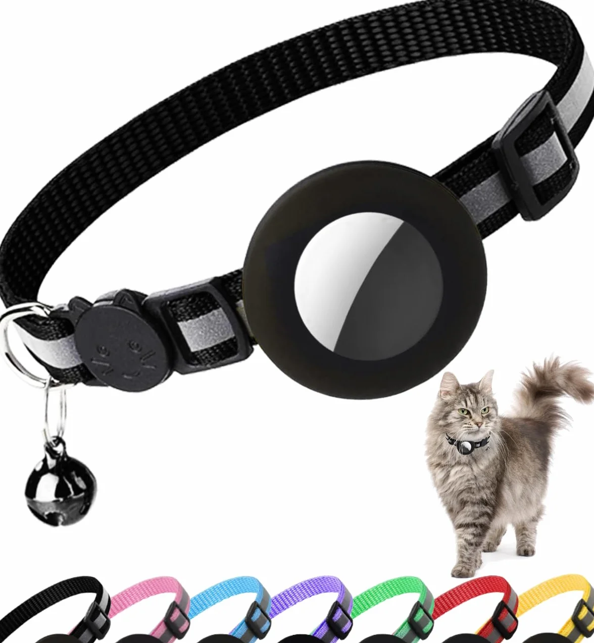 Collier Chat Airtag Anti-étranglement avec Protecteur et Cloche, Large 1 cm, Léger, Noir
