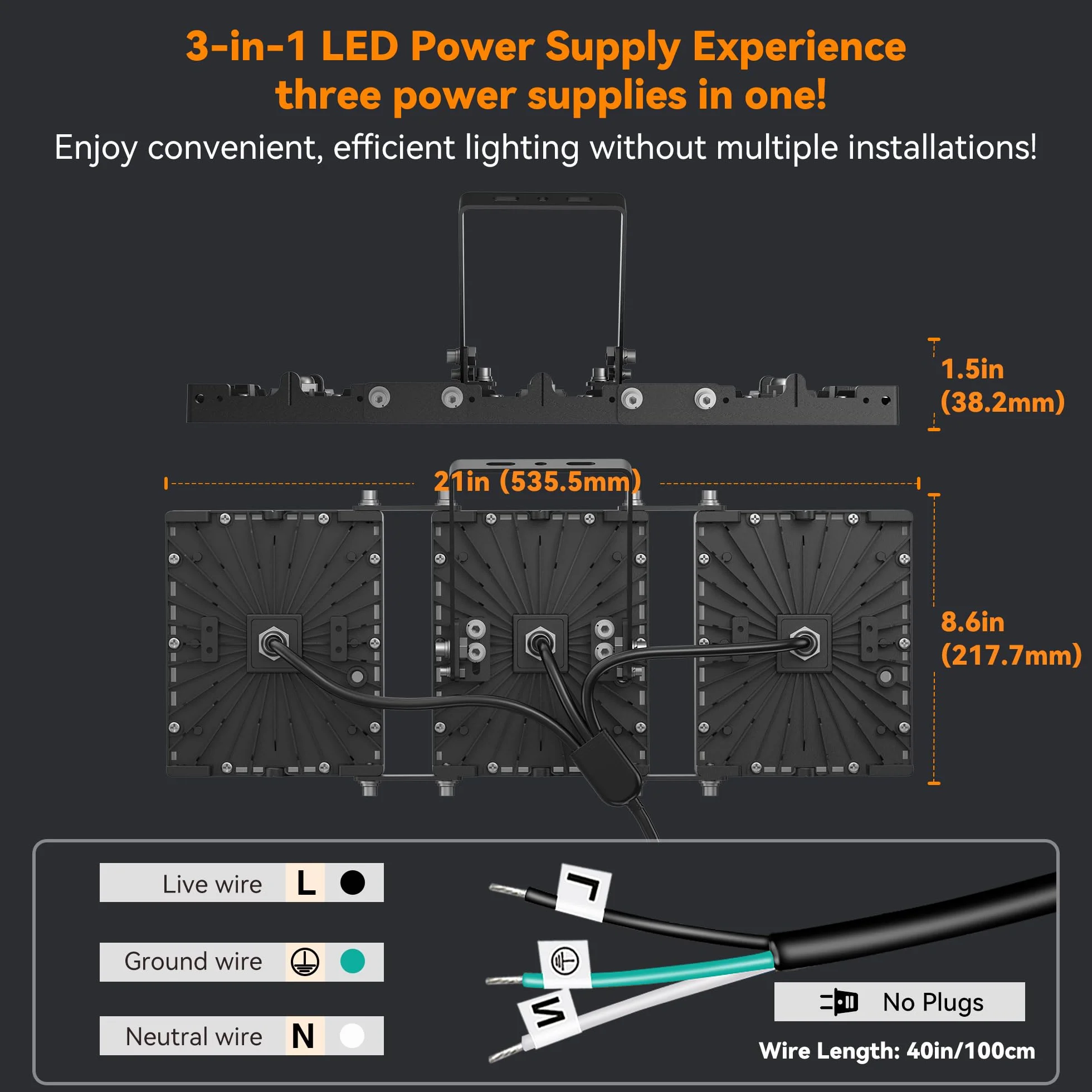 Projecteur LED extérieur 300W 30000LM 6000K IP66 imperméable, éclairage de sécurité réglable 3 têtes Noir 2 Pack