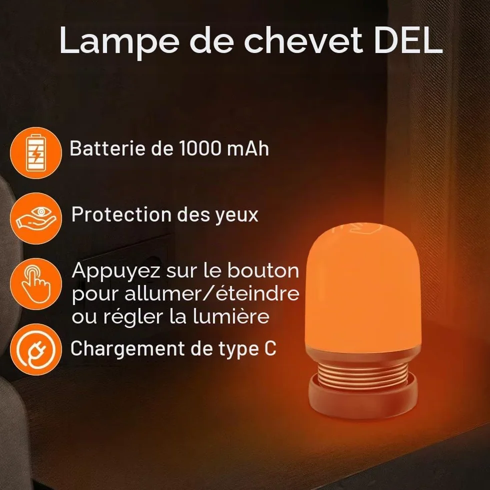 Lampe de nuit ambre rouge sommeil 1600K 625nm sans lumière bleue rechargeable USB-C