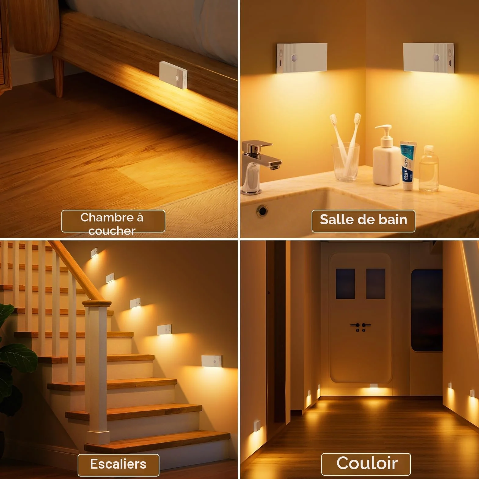 Veilleuse Détecteur de Mouvement LED Rechargeable Lot de 4 2700K pour Intérieur Escaliers Couloirs