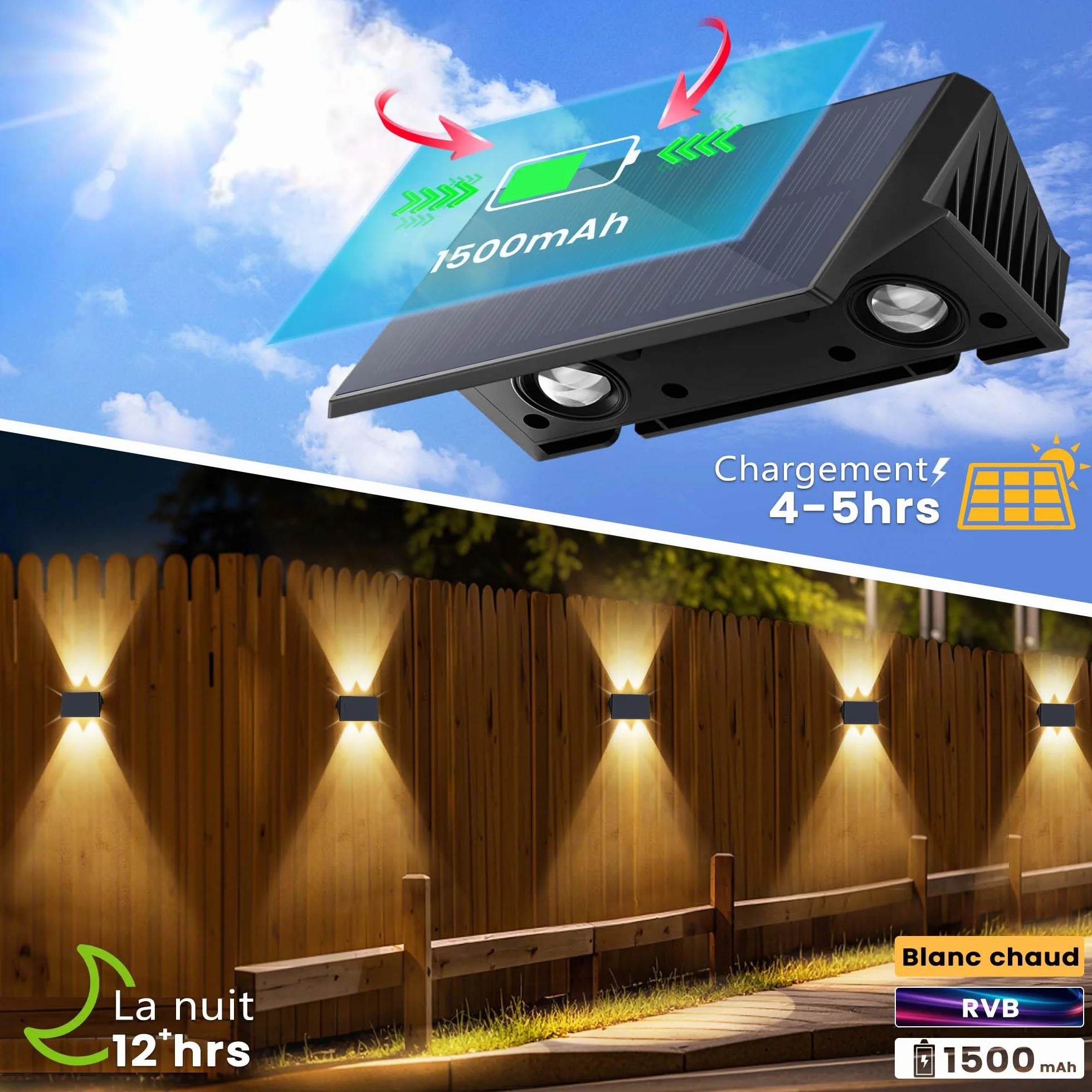 Applique Solaire Extérieur 4 Articles Blanc Chaud 1500mAh IP67 Étanche 100 Lumens Lumière Murale Sans Fil