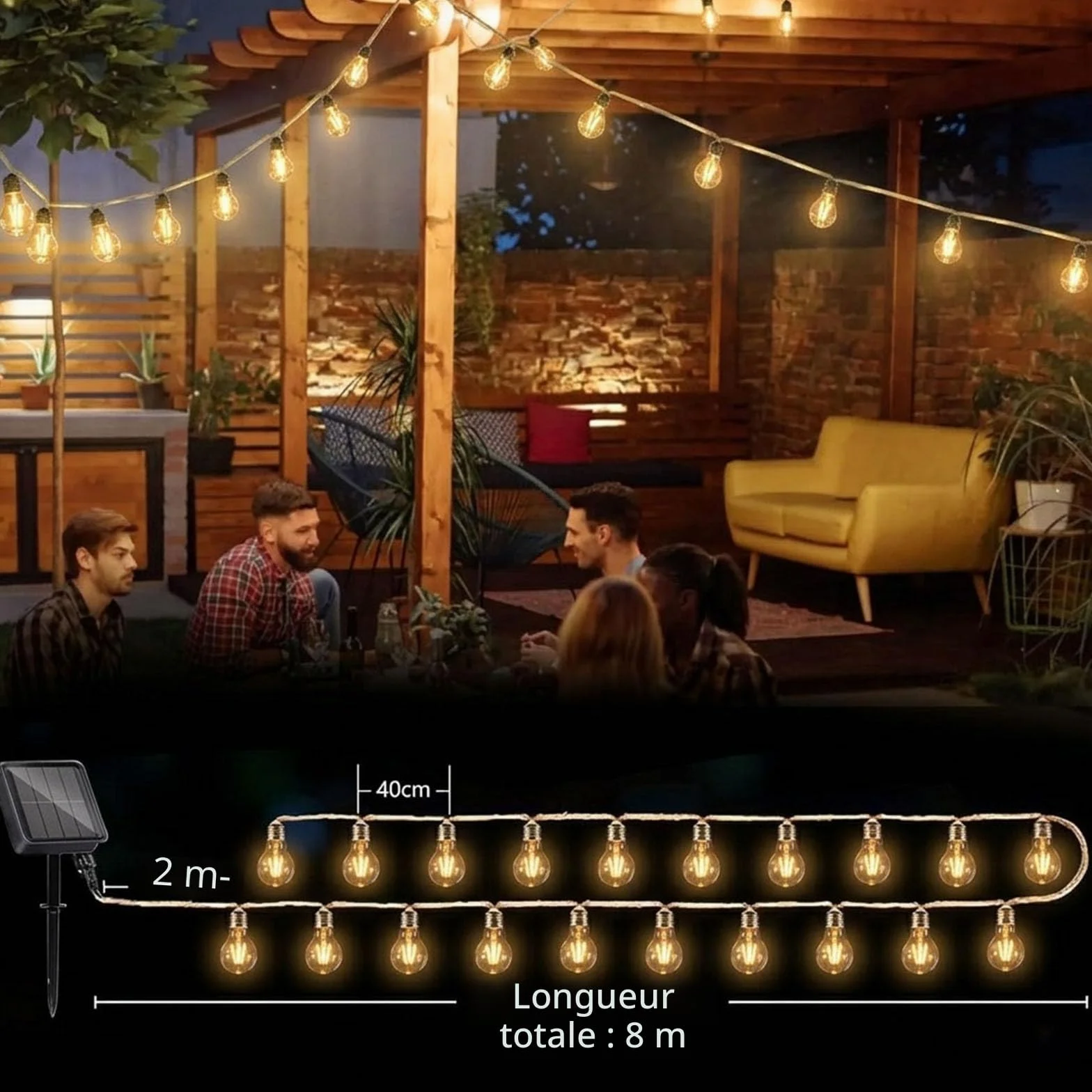 Guirlande Lumineuse Extérieure Solaire Guinguette 16 Ampoules 8M Étanche IP65 8 Modes d'Éclairage Blanc Chaud