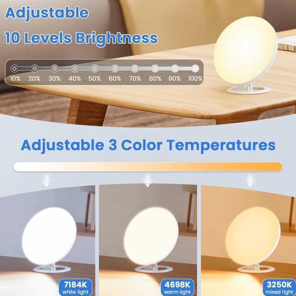 AOOWU Lampe de Luminothérapie 10000LUX-30000LUX, Lampe Solaire Compacte Sans UV 3 Températures de Couleur 10 Niveaux de Luminosité avec Support Pliant