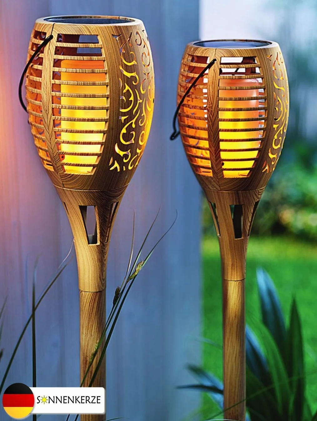 Lot de 2 lampes solaires de jardin Flame aspect bambou XXL 3 en 1 LED