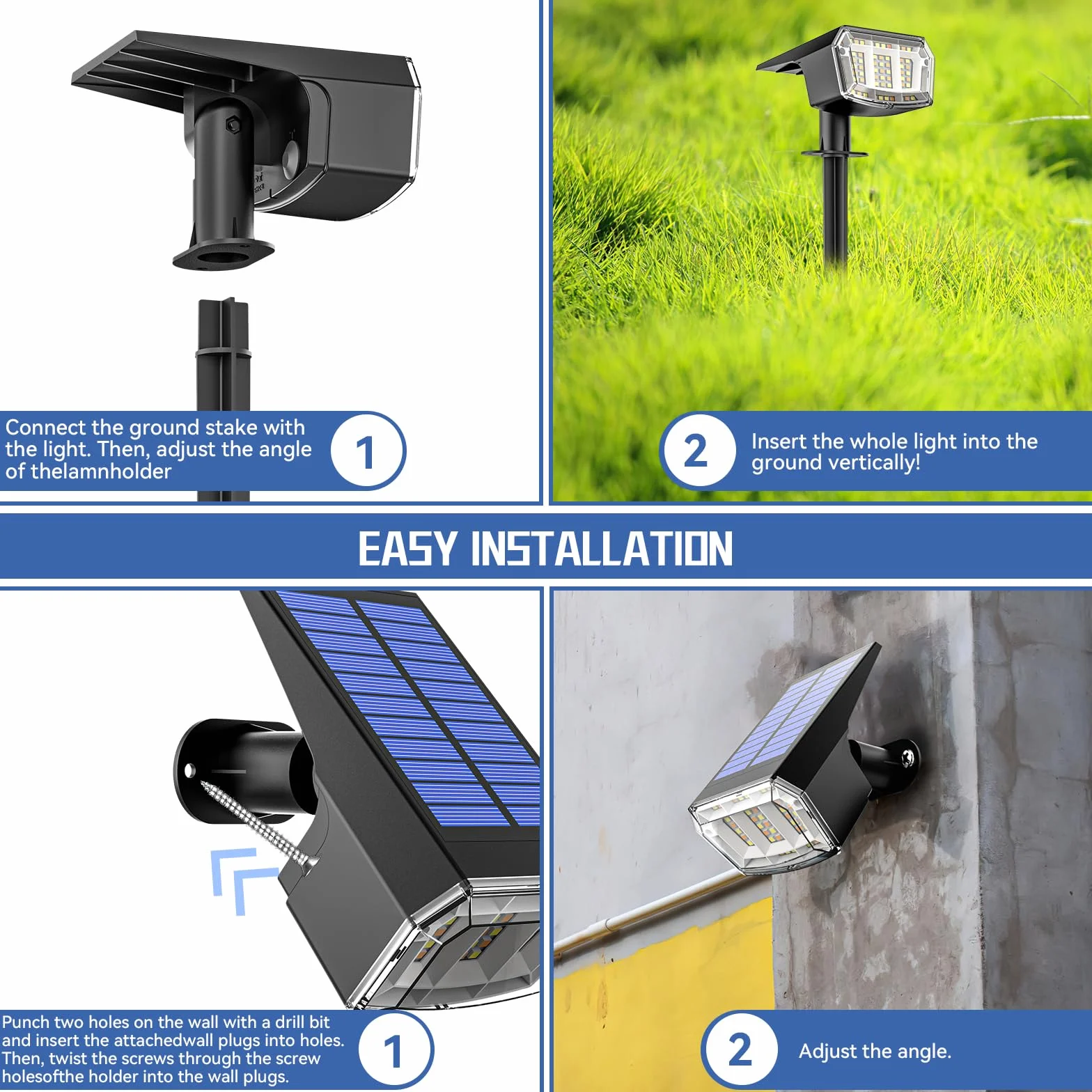 EVARY 63 LED Lampes Solaires d'Extérieur 6 Spots IP65 5 Modes Jardin