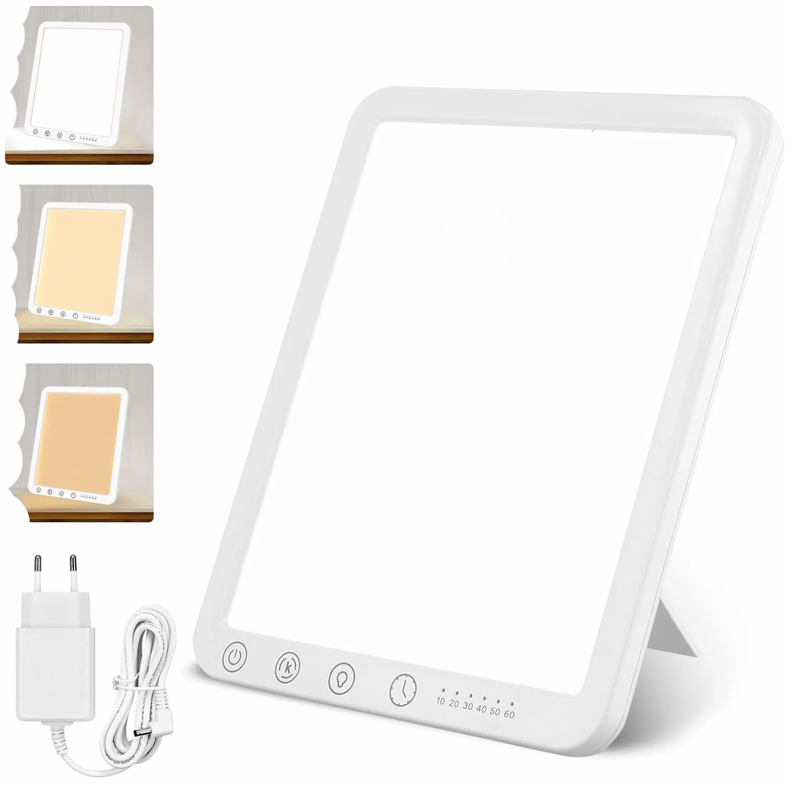 Lampe de luminothérapie 15000 Lux Sans UV, 3 températures de couleur, 5 niveaux de luminosité, mémoire, support pliant 180°