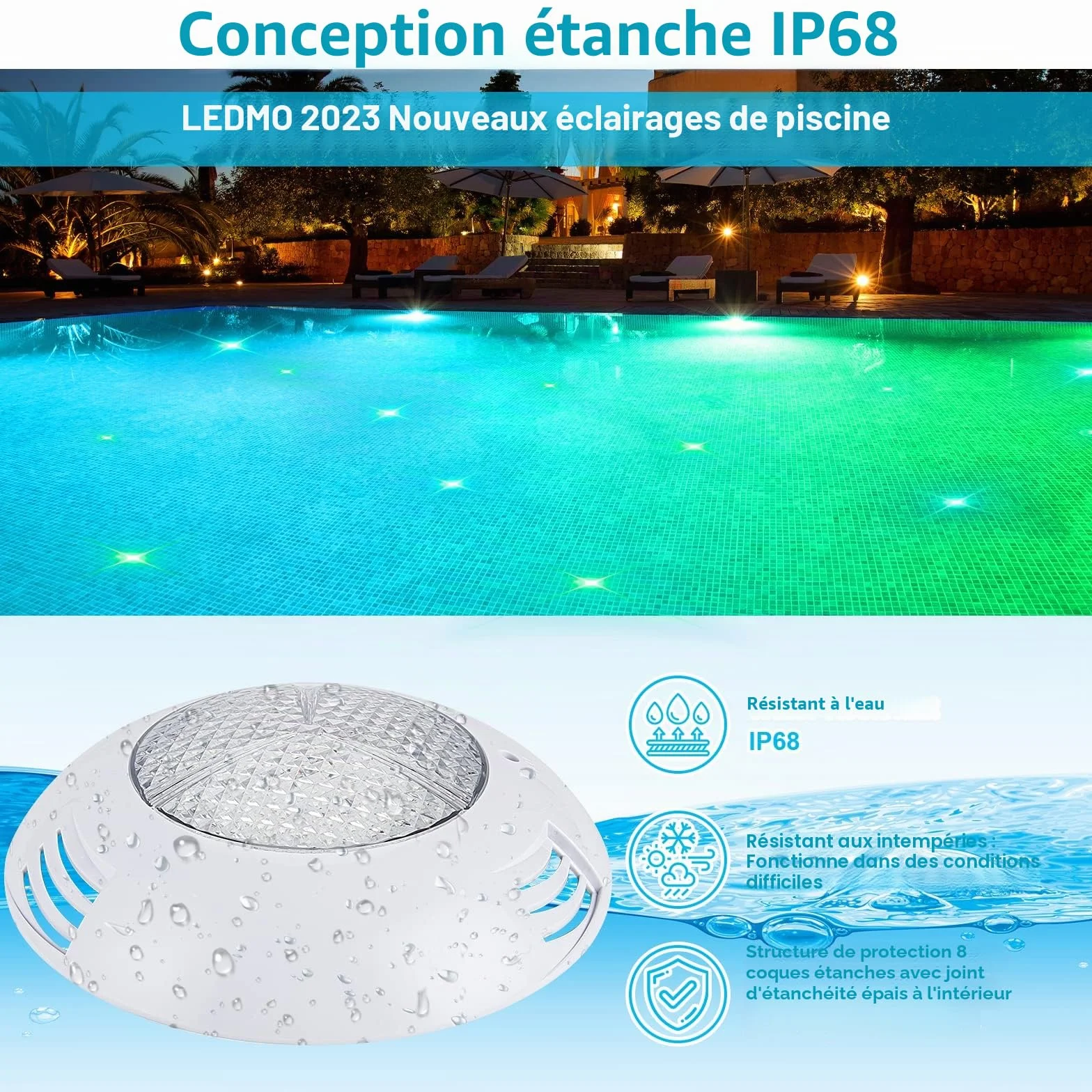 Ledmo Éclairage de piscine LED RVB PAR56 38 W IP68 12 V avec télécommande