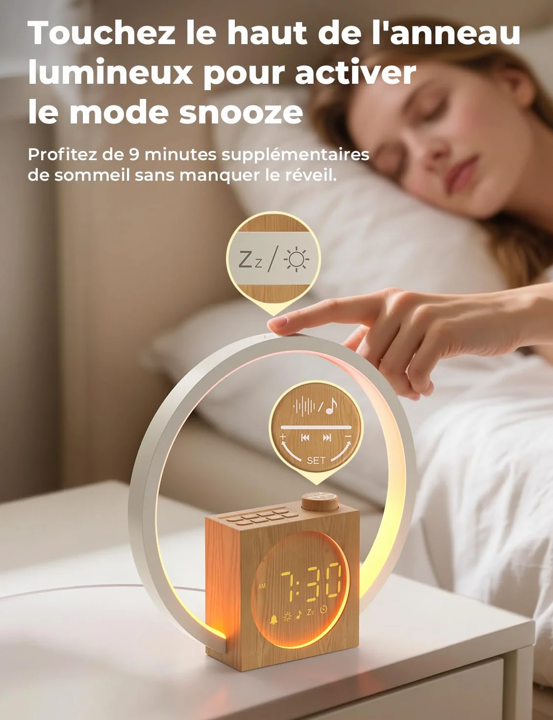 LIORQUE Lampe de Chevet LED avec Réveil Lumineux Simulateur d'Aube, 30 Sons, 20 Niveaux de Luminosité, Minuterie Sommeil 10-480 min