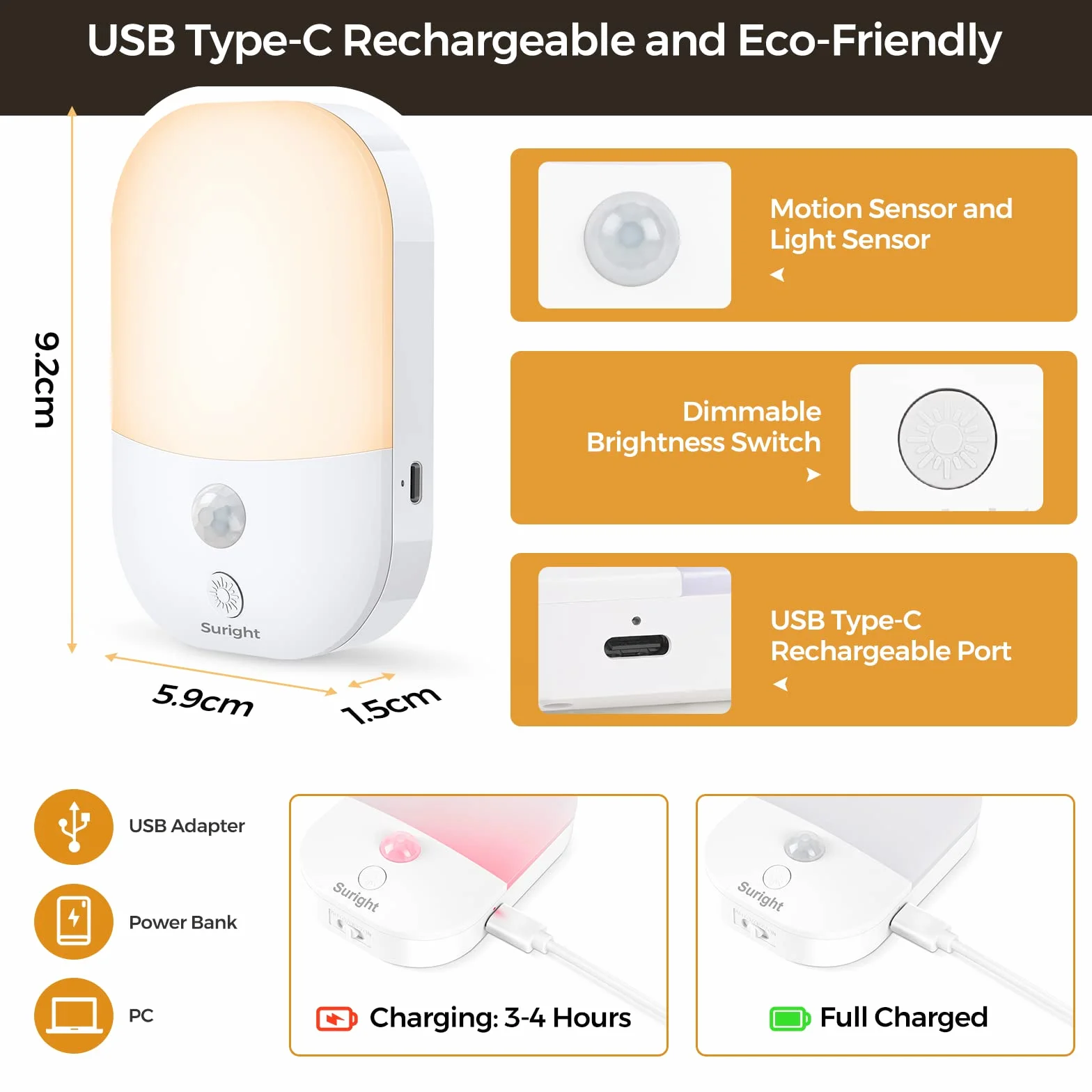 Suright Veilleuse Type-C Rechargeable 2 Pack Détecteur de Mouvement 5 Niveaux Luminosité 3 Modes 2800K Blanc Chaud