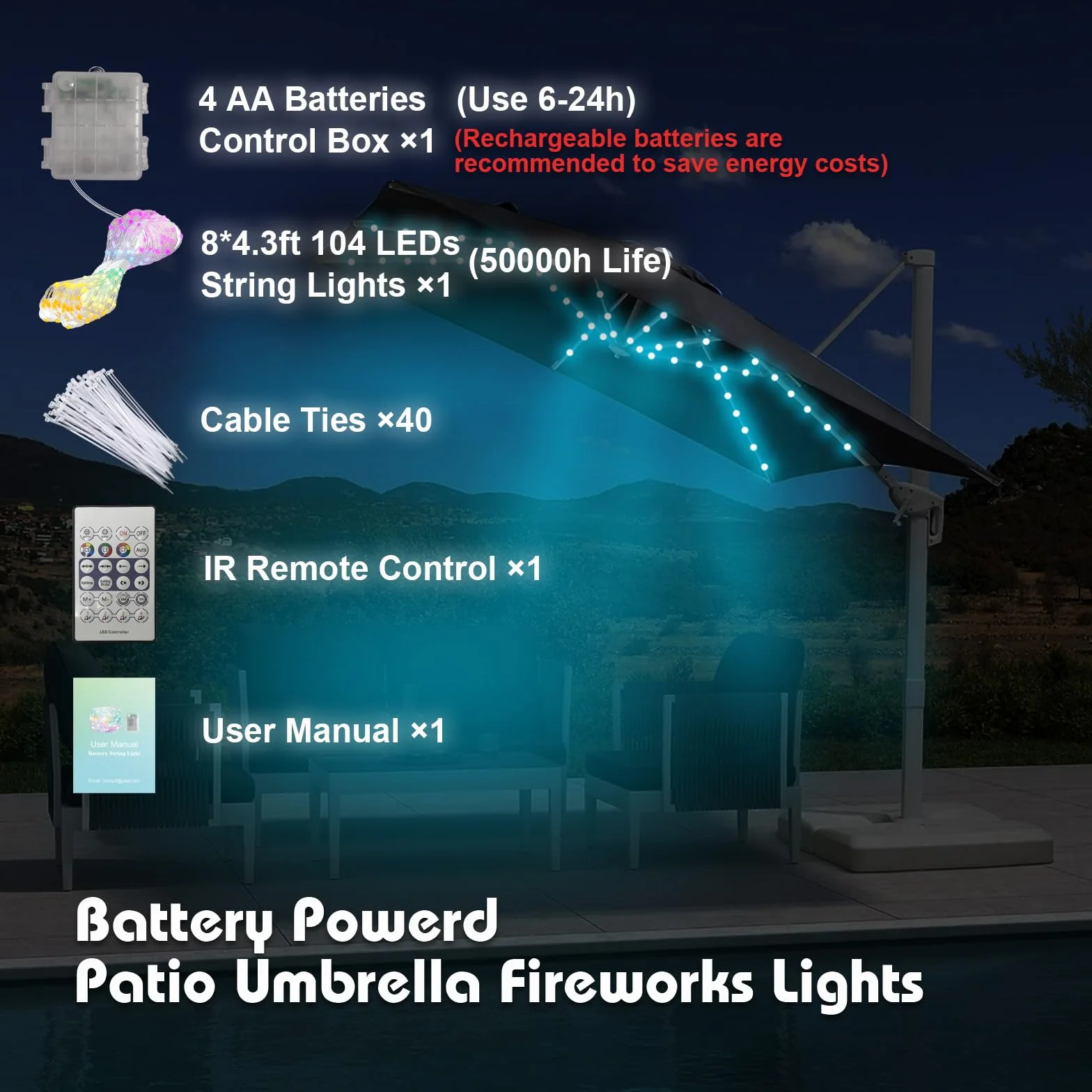 Parasol Guirlande Feux D'artifice LED 104 LED Couleur Changeante avec APP Bluetooth Télécommande DIY Chasing Metor Flowing