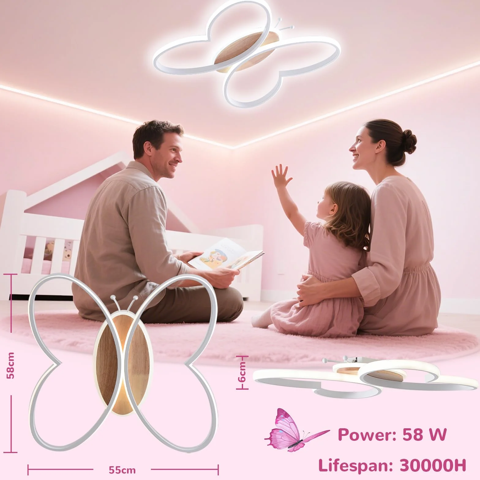 Lampe Plafond Chambre Enfant 58W LED Avec Télécommande Fonction Veilleuse Papillon Blanc