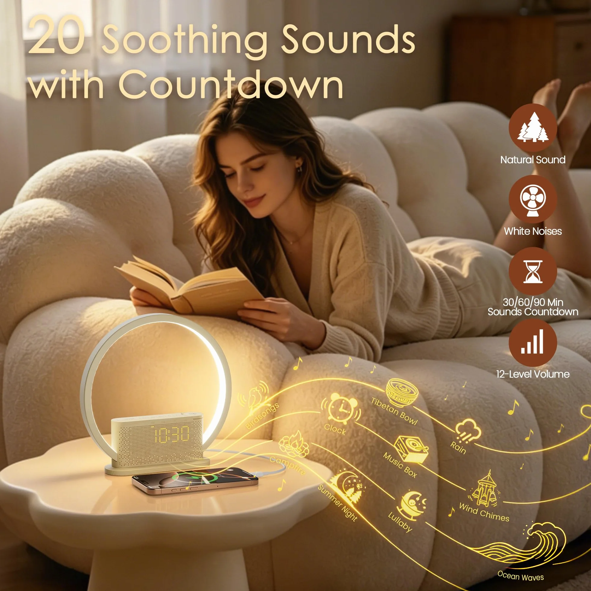Lampe de réveil avec lumière naturelle imitant le lever du soleil, 3 niveaux de luminosité, 10 sonneries naturelles, port USB, veilleuse