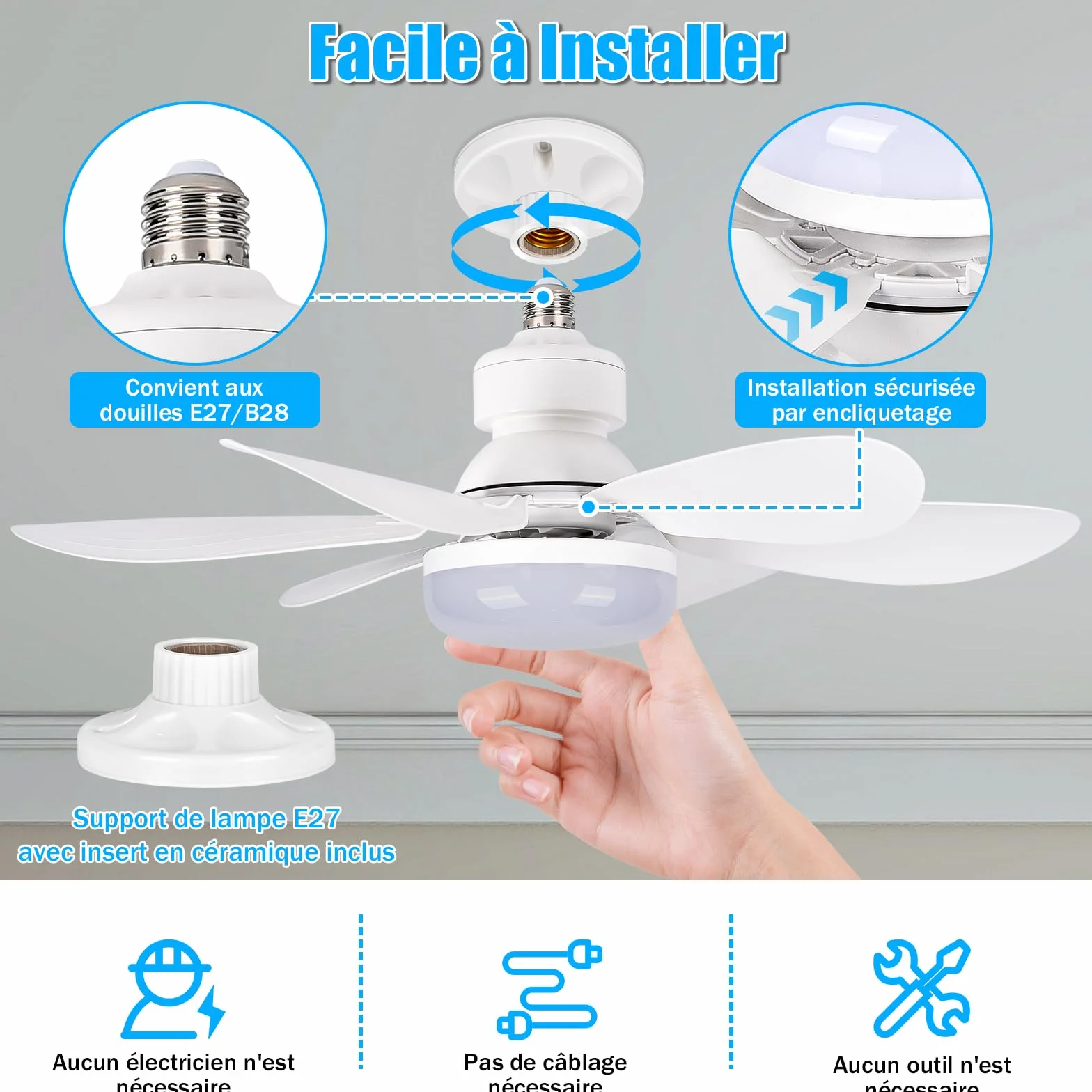 BuzzoXerex Ventilateur de Plafond avec Lumière et Télécommande 52CM 40W Dimmable LED E27 6 Pales 3 Vitesses