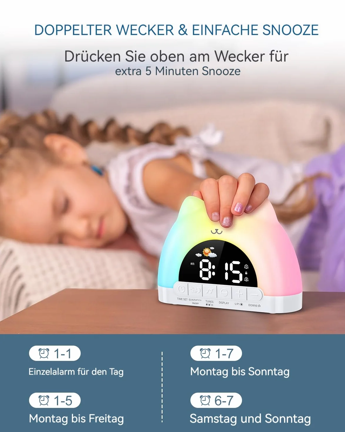 Réveil numérique enfant RVB double alarme snooze 11 couleurs 10 effets sonores