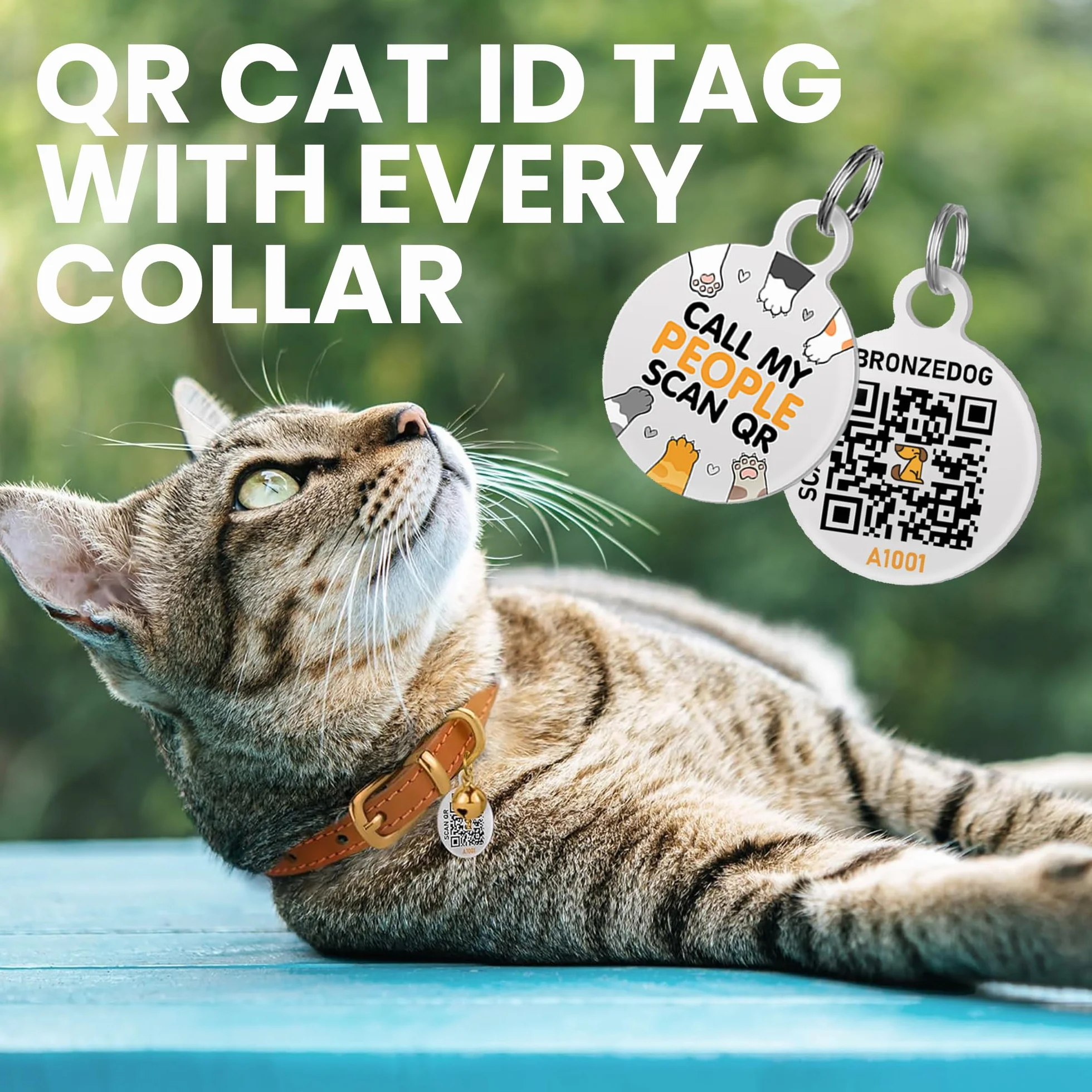 Collier pour Chat en Cuir avec Médaille QR-ID Amovible – BRONZEDOG, Non-Anti-Étranglement, Marron Clair & Or, 18-22 cm