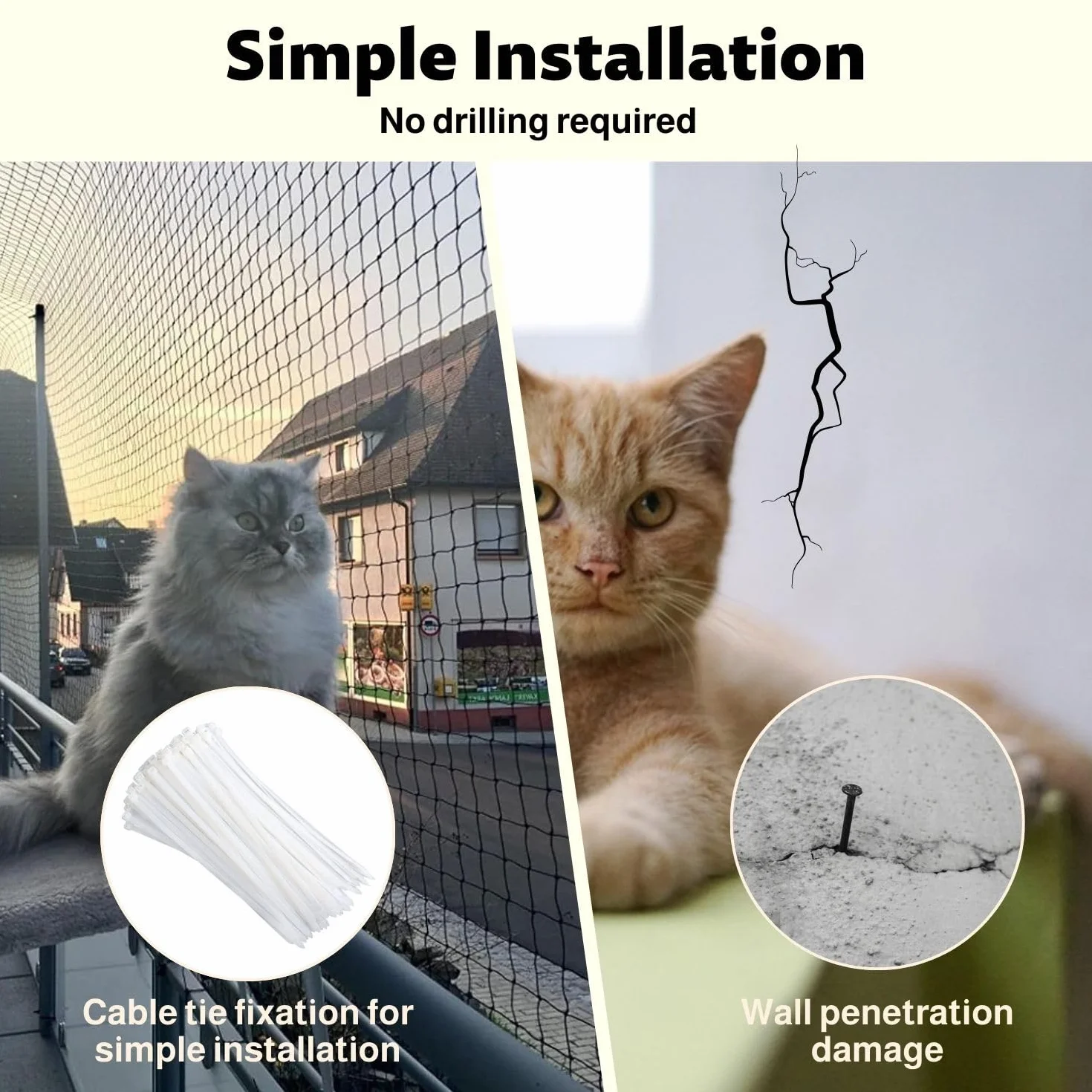 Filet pour Chat de Balcon 6x3m sans perçage Nylon Haute résistance Blanc