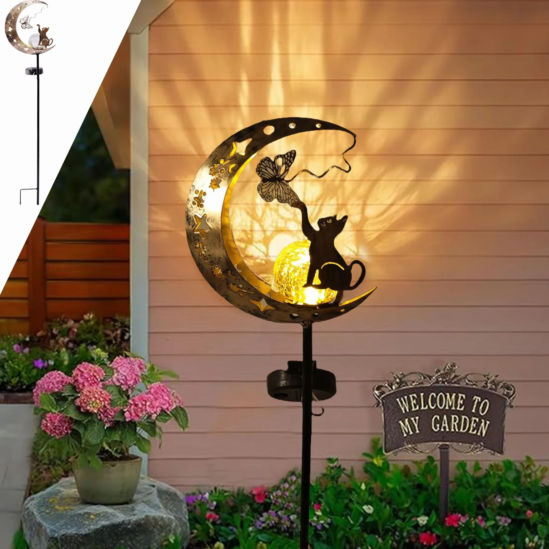 YeahBoom Lampes solaires de jardin décoratives avec motif lune et chat, étanche pour extérieur