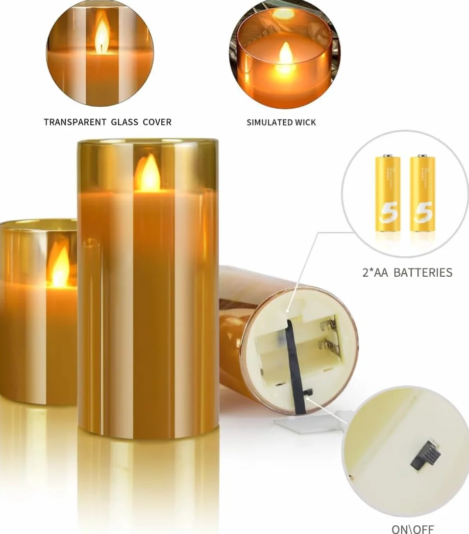 Bougies LED Sans Flamme 10-15cm Piliers Verre Doré avec Télécommande et Minuterie