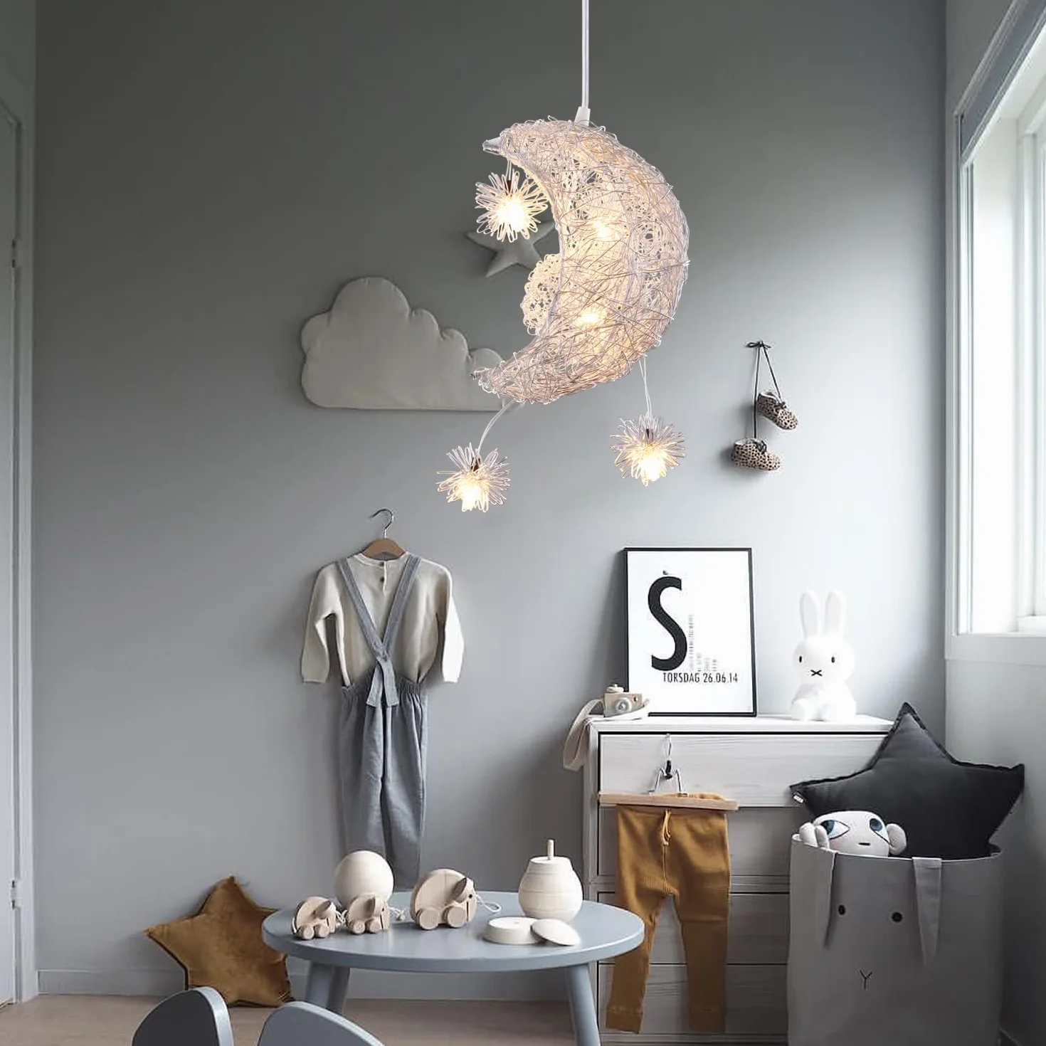 iDEGU Suspension Luminaire Lune Étoiles LED Lustre Plafonnier 5 Ampoules Éclairage Décoration Chambre Enfant 15CM Lumière Blanche Chaude
