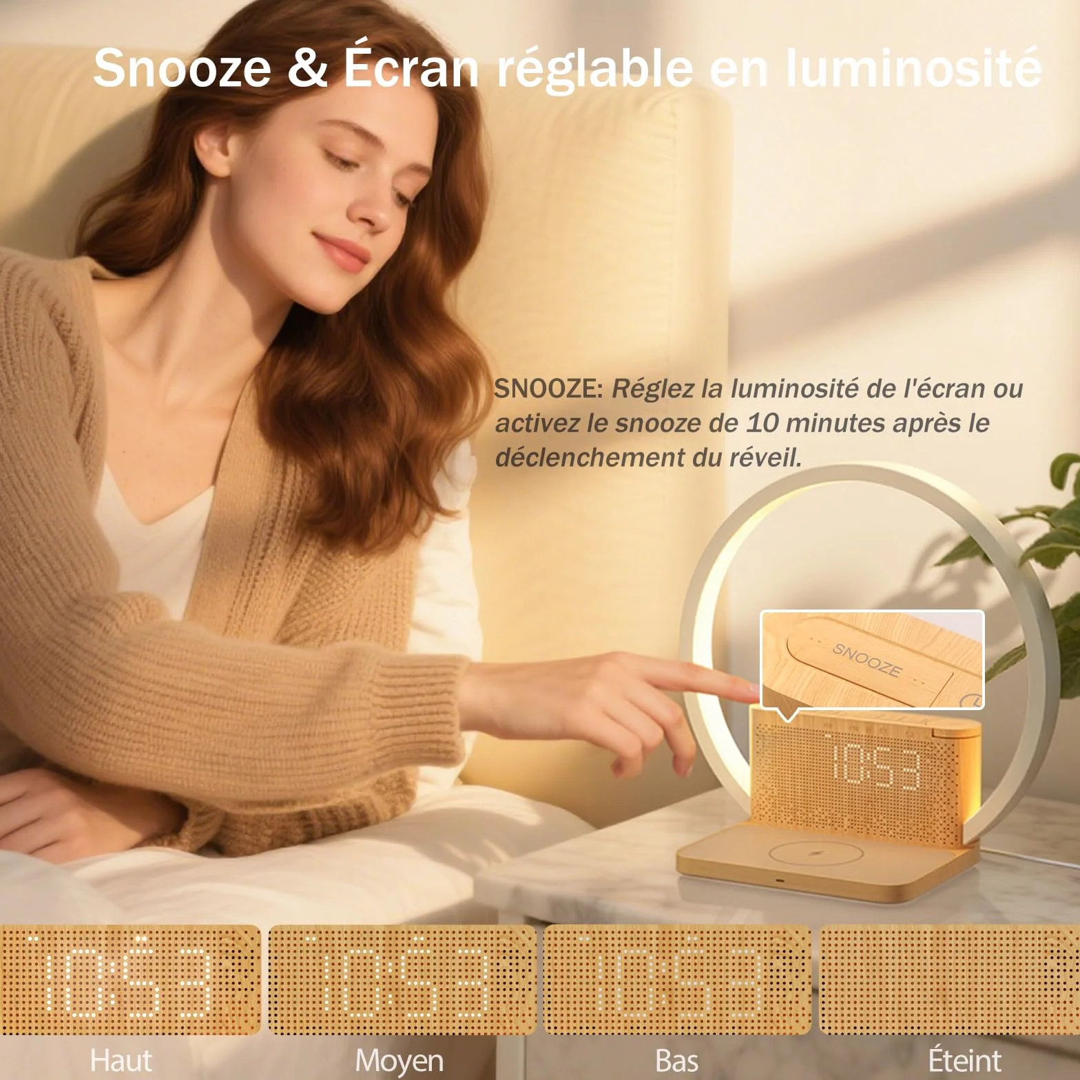 Réveil lumineux lampe de chevet rechargeable variateur tactile 10 sons naturels