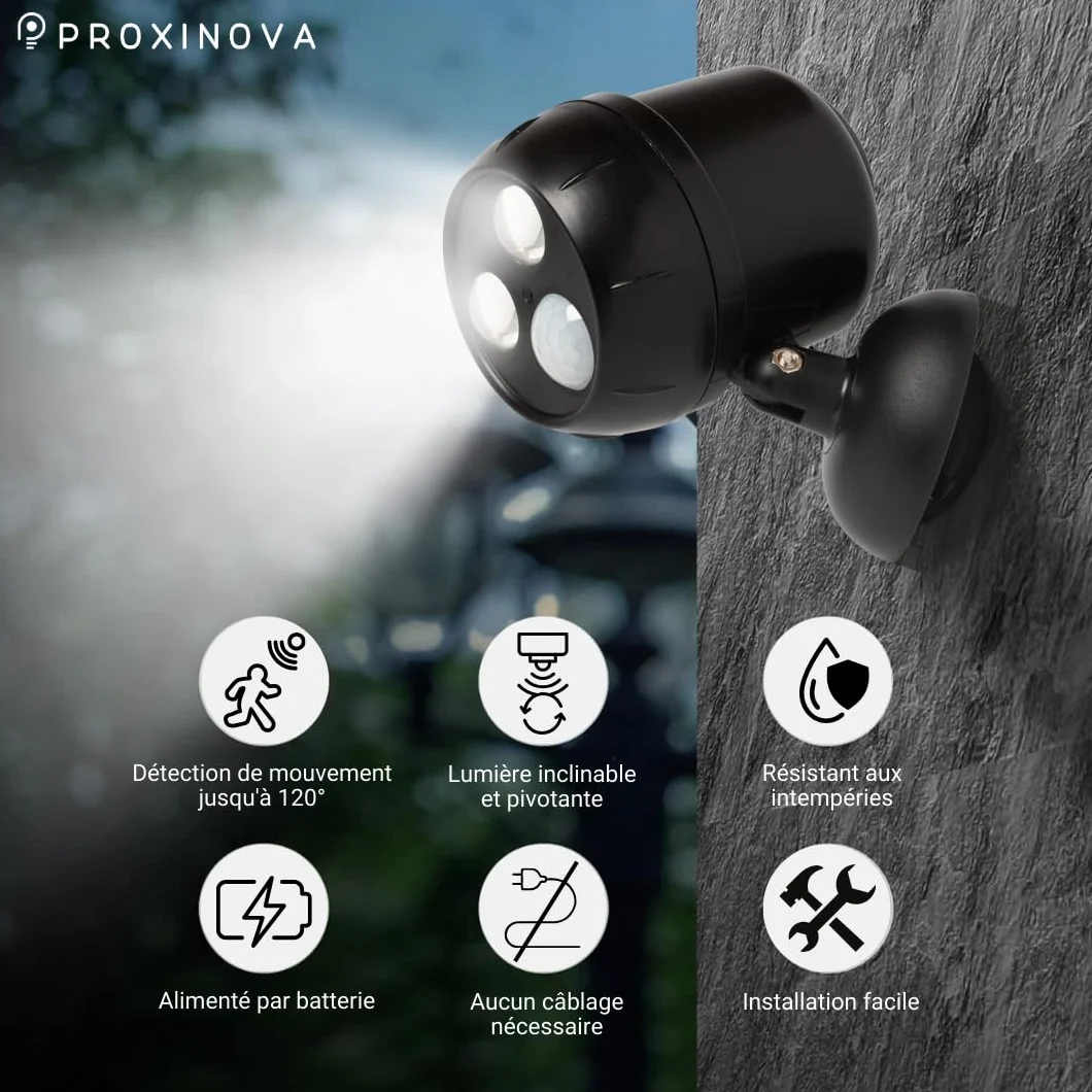 Lampe Detecteur de Mouvement Exterieur LED, 1000 Lumen, Projecteur Sans Fil, Tête Rotative 360°