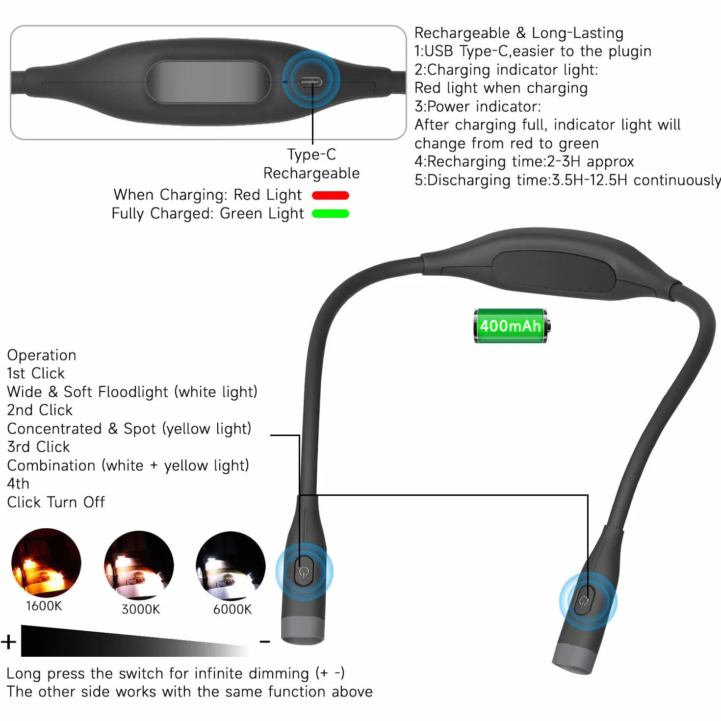 QUMOX Lampe de lecture rechargeable LED, 3 modes couleur, intensité réglable, mains libres flexible, noir