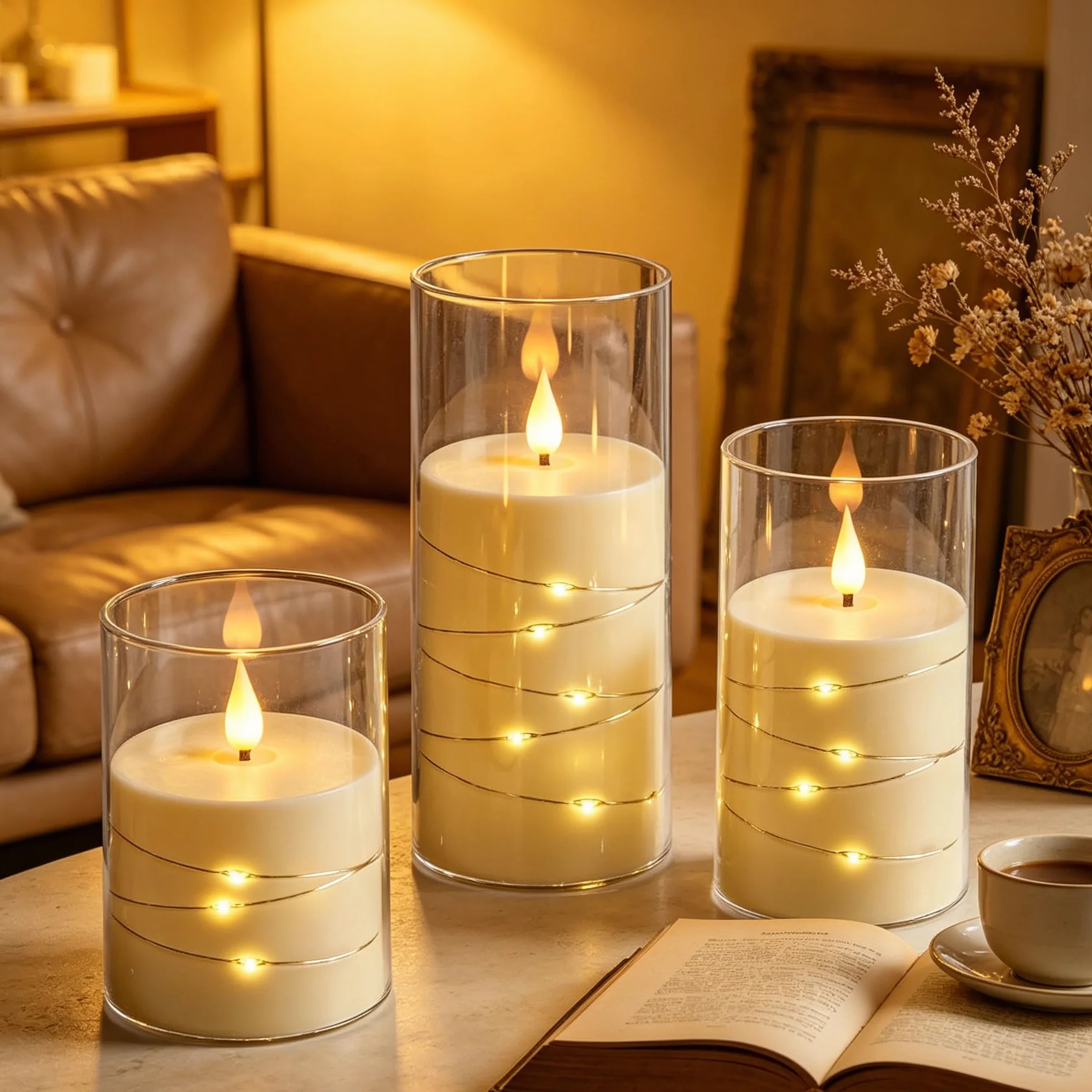 Bougies LED Ivoire Transparentes Guirlande Lumineuse Flamme Scintillante Réaliste Effet Verre Télécommande Incluse Plastique Réutilisable Écologique