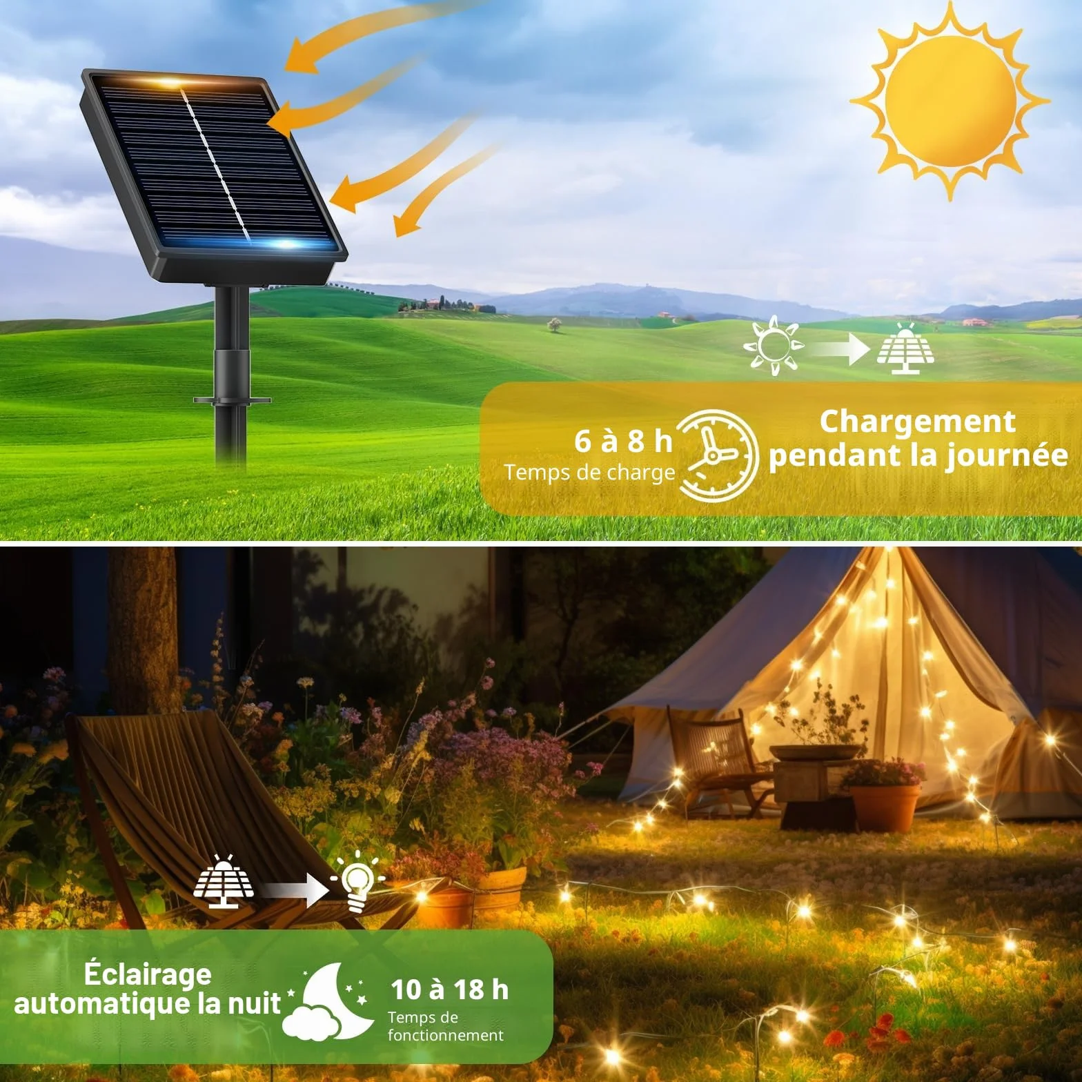 Guirlandes solaires d'extérieur IP65 8 modes 16+2m 160 LED Blanc chaud Lot de 2